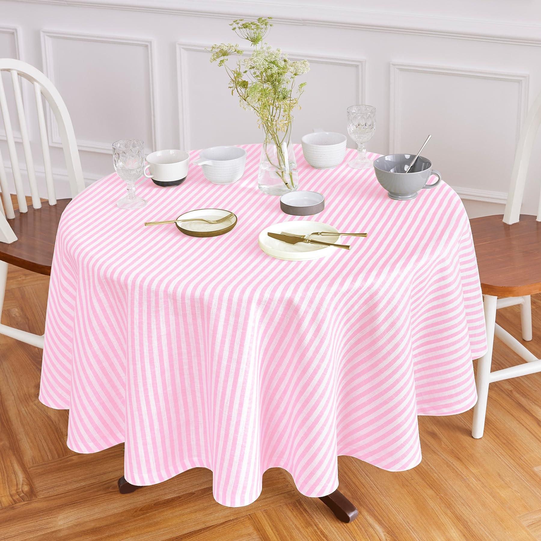 Solino Home Stripe Linen Round Tablecloth - 100% Pure Linen Cherry Blossom And White Tablecloth 60 Inch Diameter For Spring, Eas