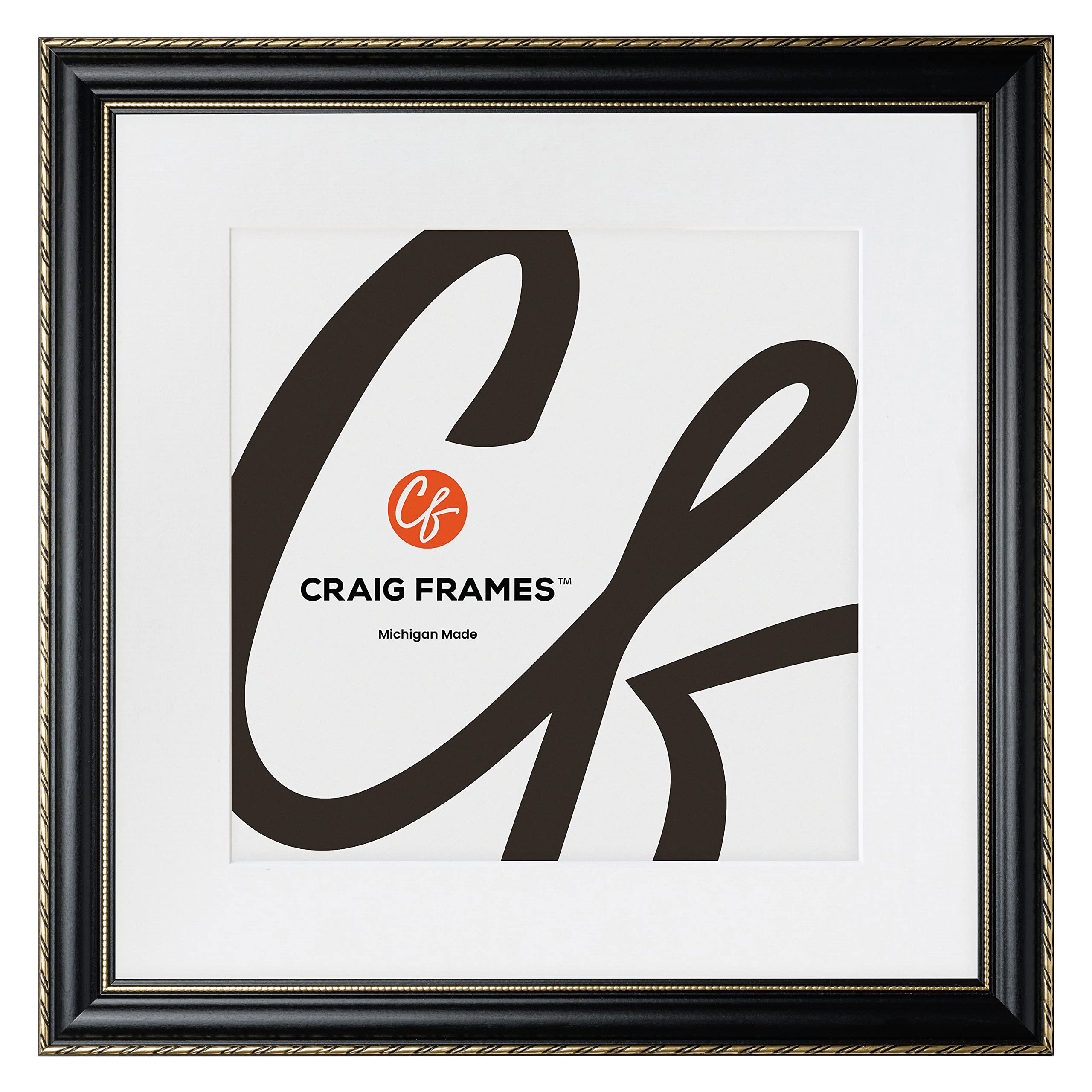 Craig Frames Victoria, 12x12 Picture Frame Matted for a 9x9 Photo, Ornate Black and Gold