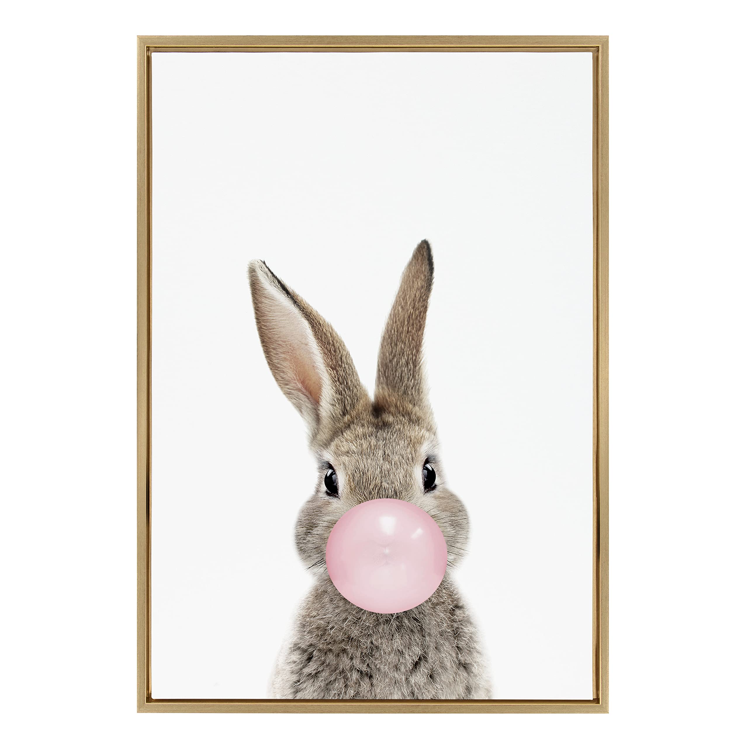 Kate And Laurel Sylvie Bubble Gum Bunny Framed Canvas Wall Art By Amy Peterson Art Studio, 23X33 Gold, Decorative Animal Art For