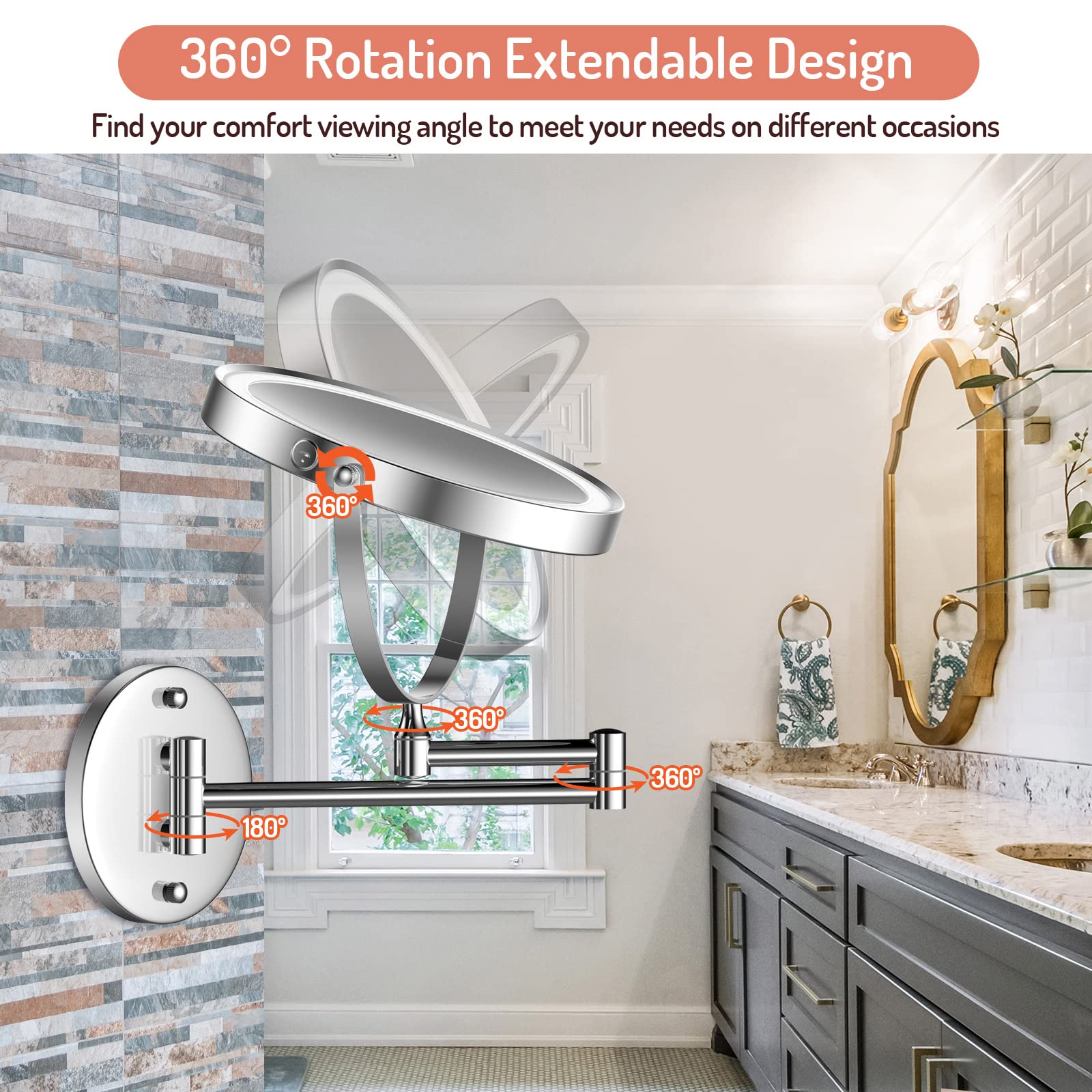 Rocollos Rechargeable Wall Mounted Lighted Makeup Mirror Chrome  8 Inch Double-Sided LED Vanity Mirror 1X/10X Magnification 3 Color Lights Touch Screen Dimmable 360Swivel 13 Inch Extendable