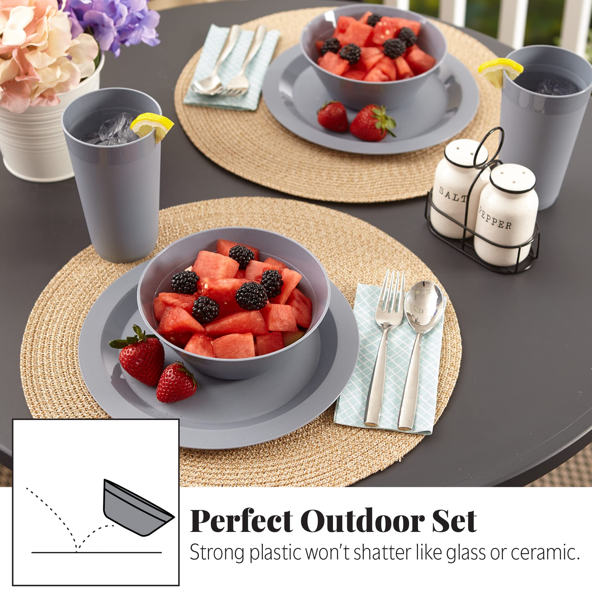 Us Acrylic Newport Plastic Plate, Bowl And Tumbler Dinnerware Set For 4 In Grey Stone | 12-Piece Drinking And Dining Set | Reusa