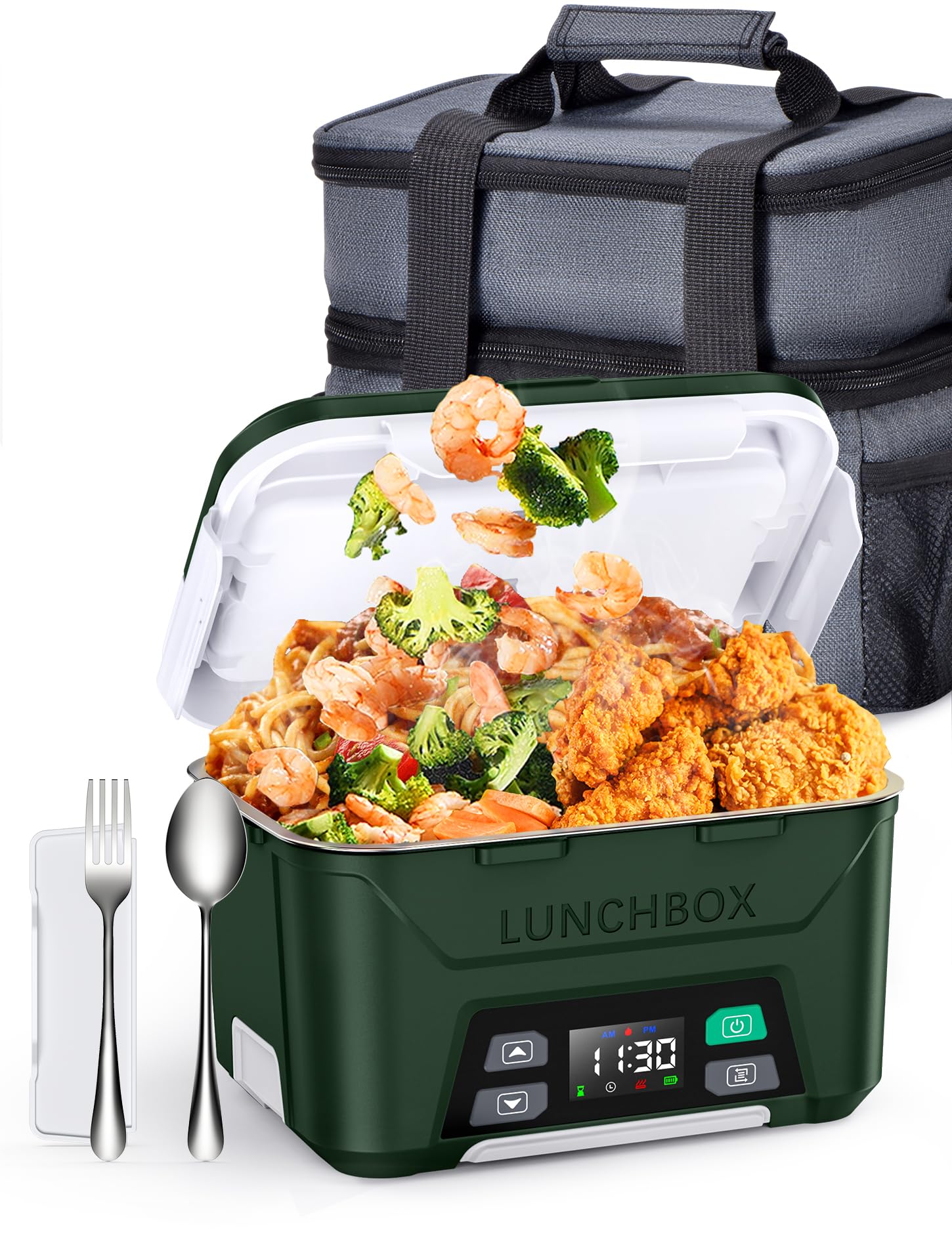 EAST OAK Cordless Electric Lunch Box for Adults, Dark Green, 2-Layer