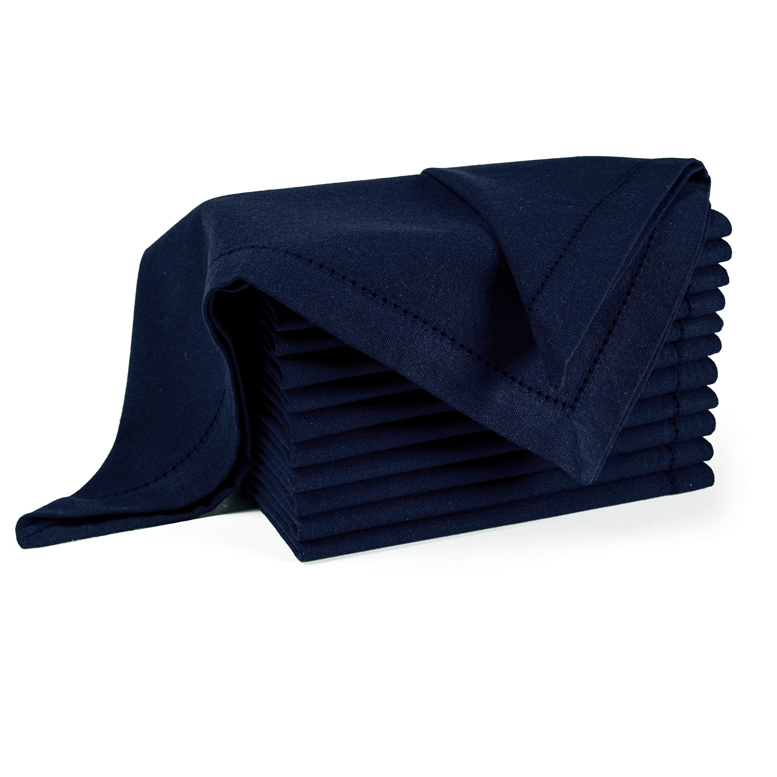 Palisa Cloth Dinner Napkins With Hemstitched Detailing & Mitered Corners Set Of 12 (18X18 Inches) Navy - Cotton Reusable Dinner