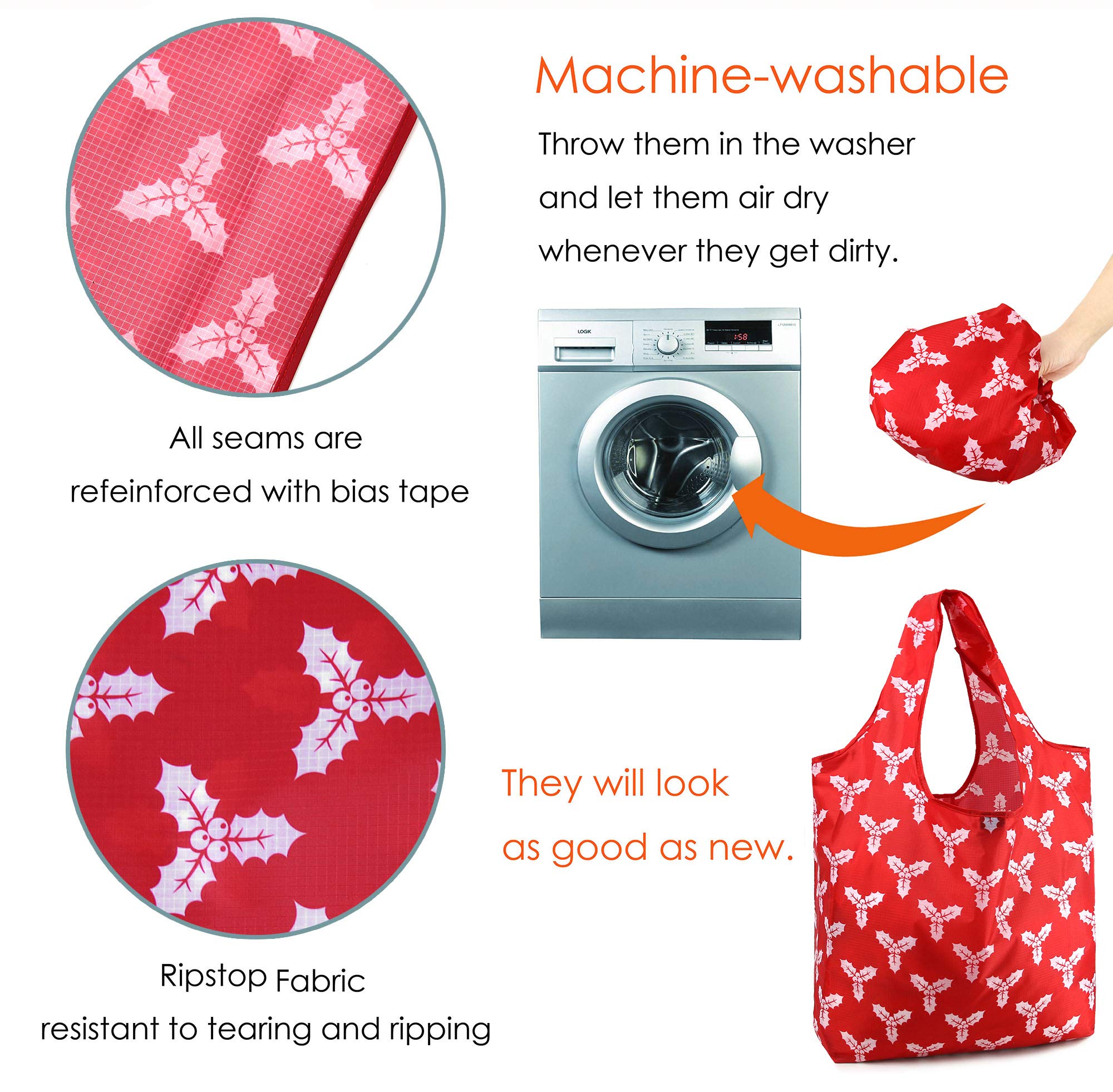 BeeGreen Christmas Red Reusable Grocery Bags 12 Pack with Storage Pouch & Elastic Band Gift Bags Shopping Tote Bags Bulk Ripstop
