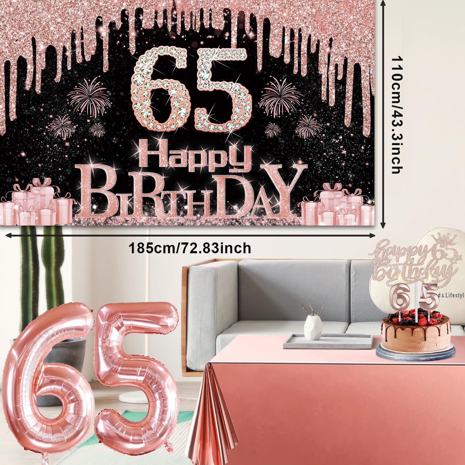 65Th Birthday Decorations For Women With Banner, Rose Gold Tablecloth, Number Balloons, 65Th Birthday Sash And Tiara, Cake Toppe