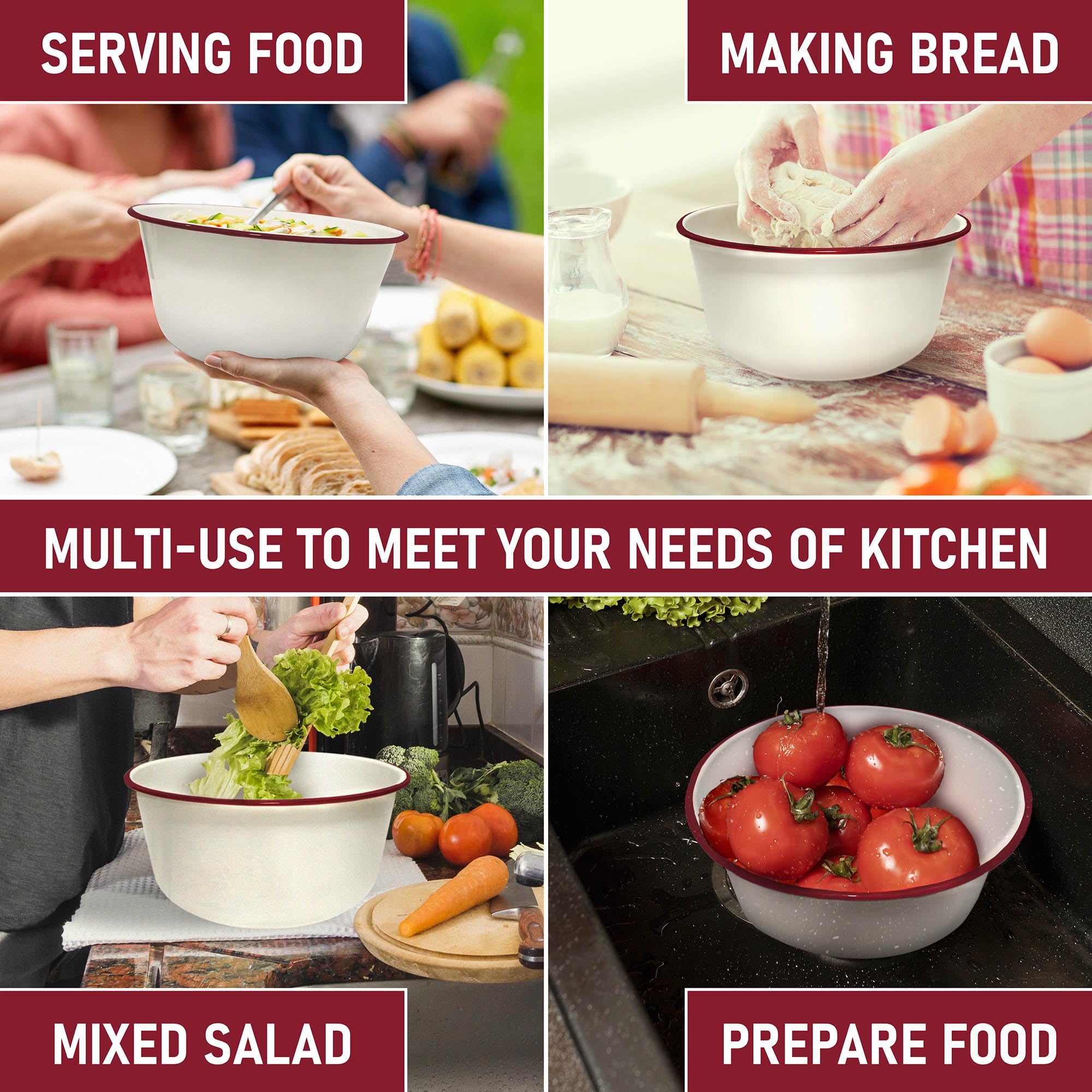 Large Mixing Bowl for Kitchen - Essential White Steel Dish with Red Trim for Salad  Batter  Cream - Great for Serving and Marinating - Dishwasher & Freezer Safe