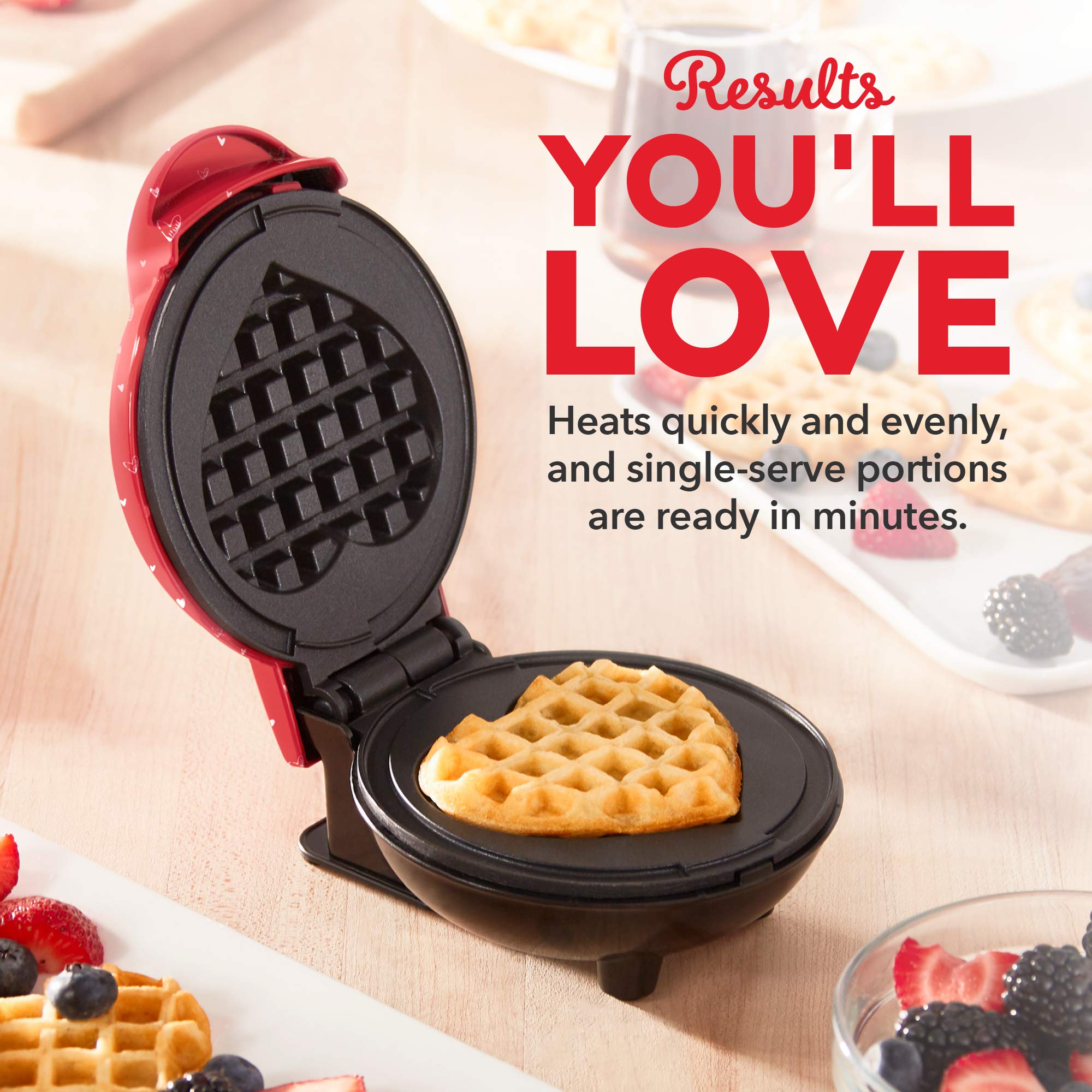 Dash Mini Maker For Individual Waffles, Hash Browns, Keto Chaffles With Easy To Clean, Non-Stick Surfaces, 4 Inch, Red Love Hear