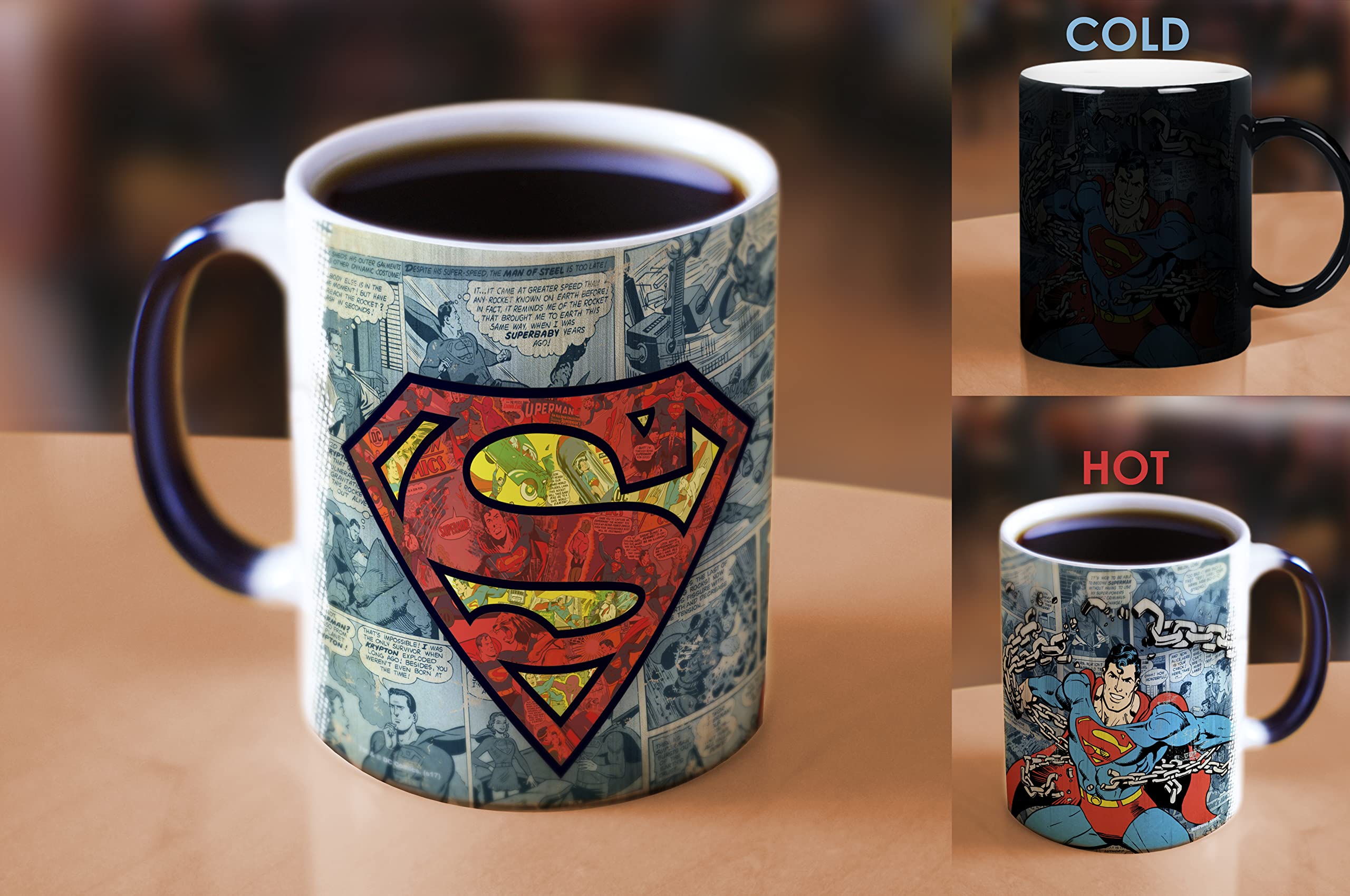Morphing Mugs Dc Comics - Superman - Retro Comic Book Logo - One 11 Oz Color Changing Heat Sensitive Ceramic Mug - Image Reveale
