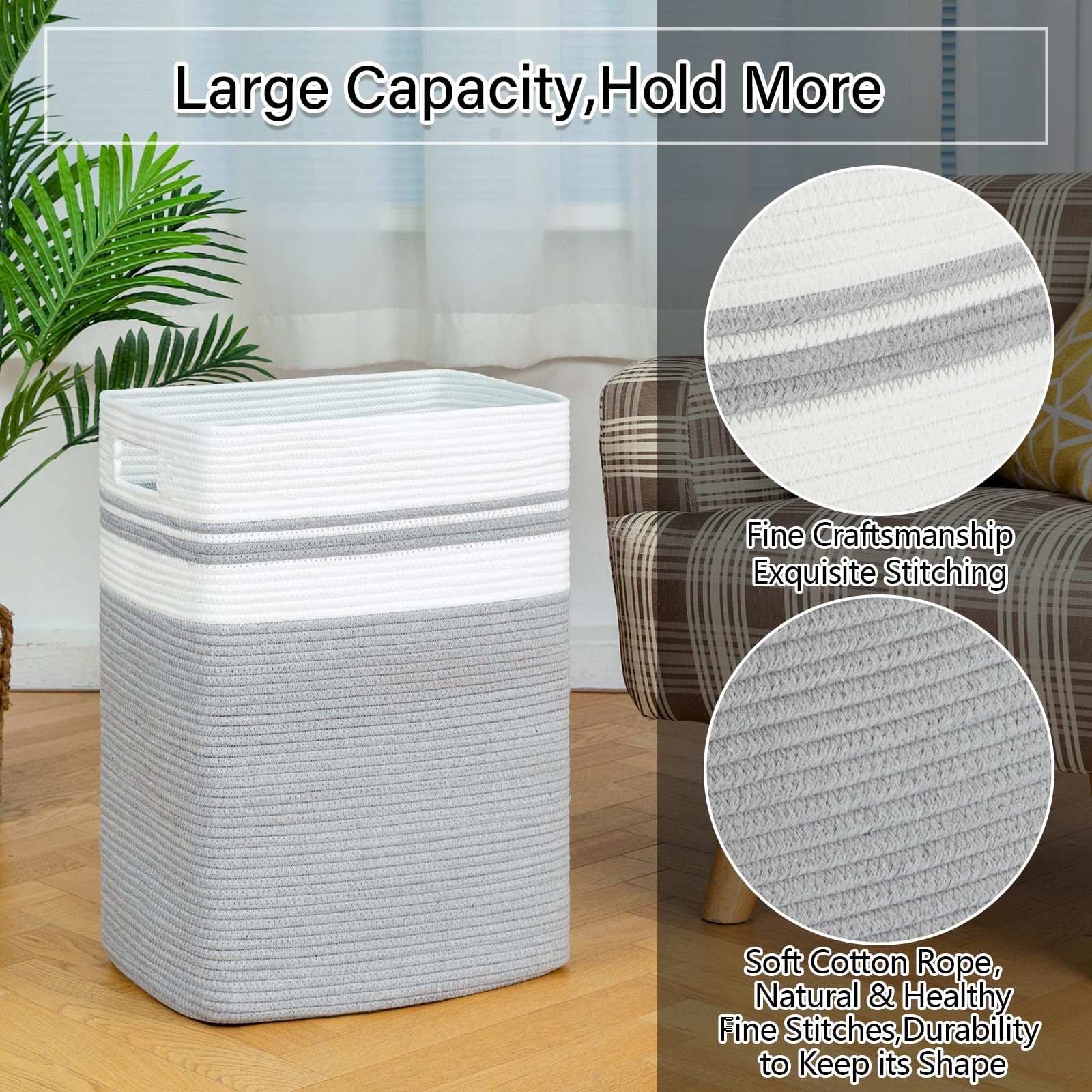 OIAHOMY 91L Laundry Hamper  XXXLarge Laundry Basket  Collapsible Cotton Rope Basket Woven Storage Basket for Blankets Clothes Pillows-16x15x24-Grey