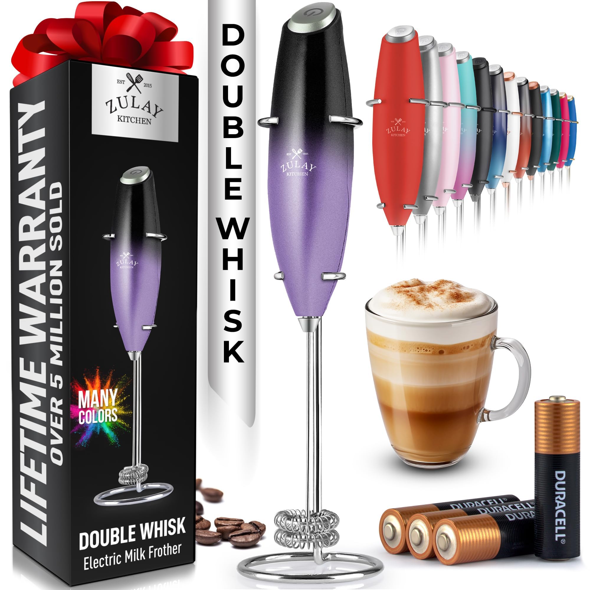 Zulay Kitchen Whisk Milk Frother with 4 Duracell Batteries - Powerful Handheld Foam Maker for Coffee, Lattes, Matcha, Hot Chocol