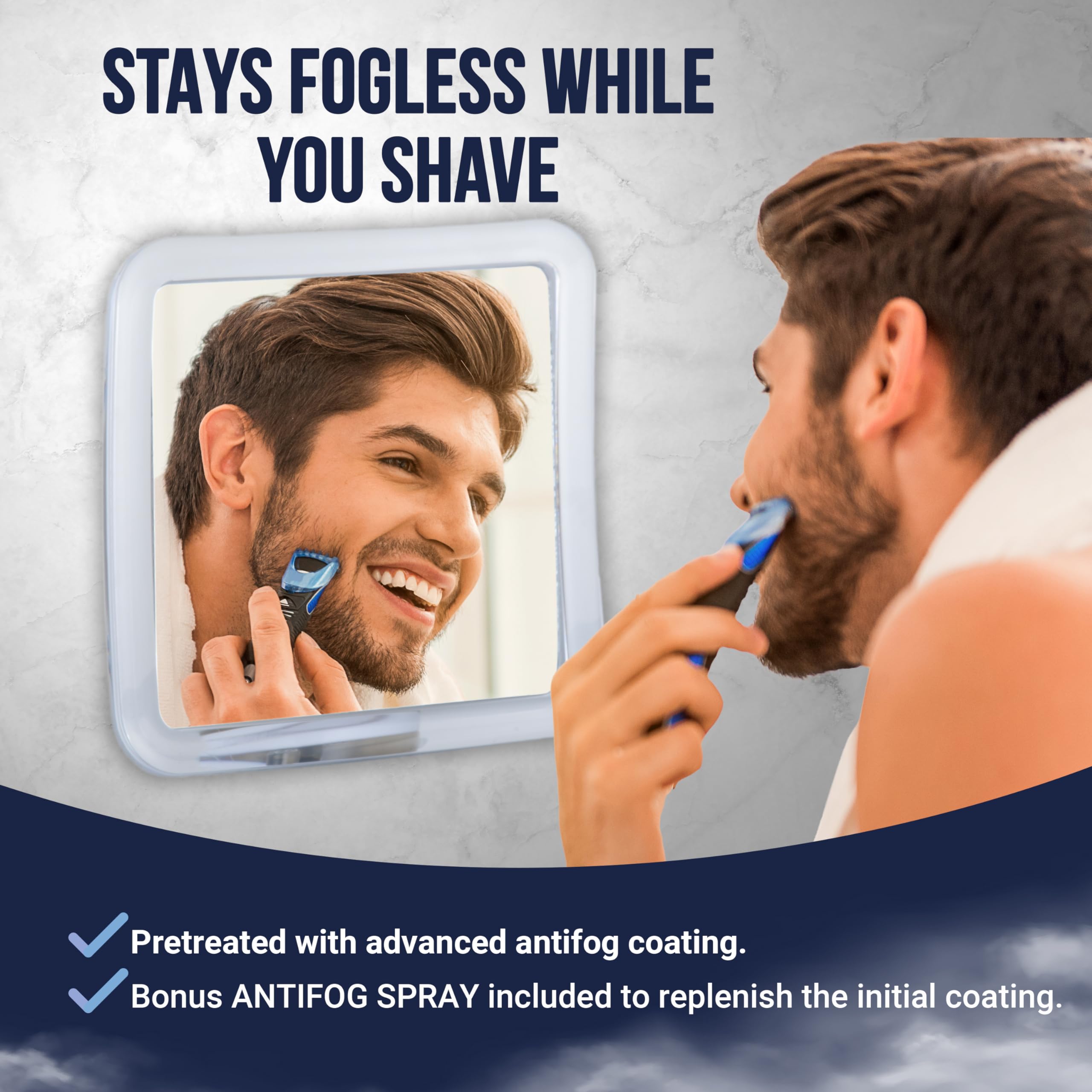 Mirrorvana Fogless Shower Mirror For Shaving With Upgraded Suction-Cup, 1X Magnifying, 6.3 X 6.3 Inch (Translucent Frame, Grey S