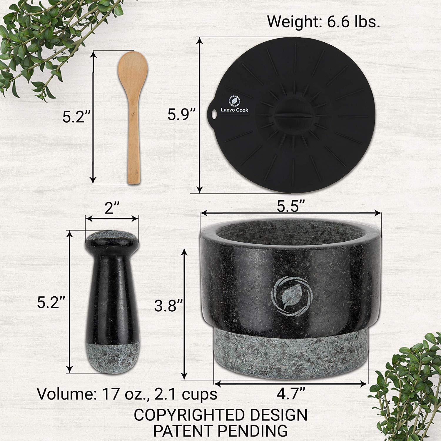 Laevo Mortar And Pestle Set (Large) | Gray Granite | Stone Spice Grinder | 2.1 Cup Capacity | 5.5 Inch | Reversible | Molcajete