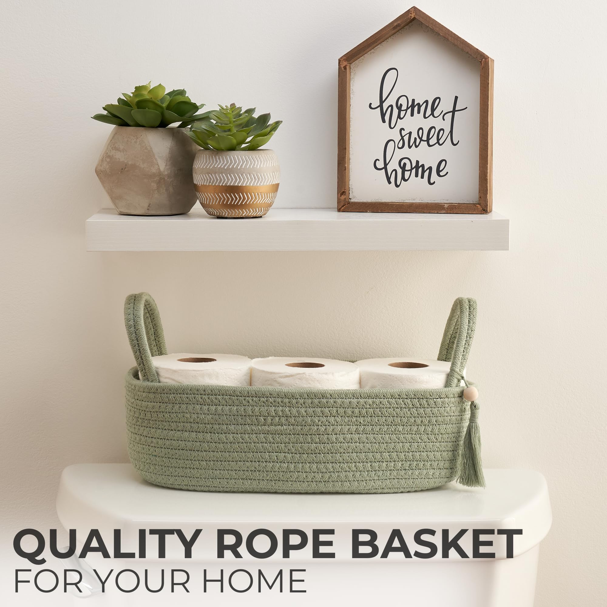Decorative Toilet Paper Basket - Beautiful Bathroom Organizer for Toilet Tank Storage Decor - Boho Cotton Rope Bin with Tassel f