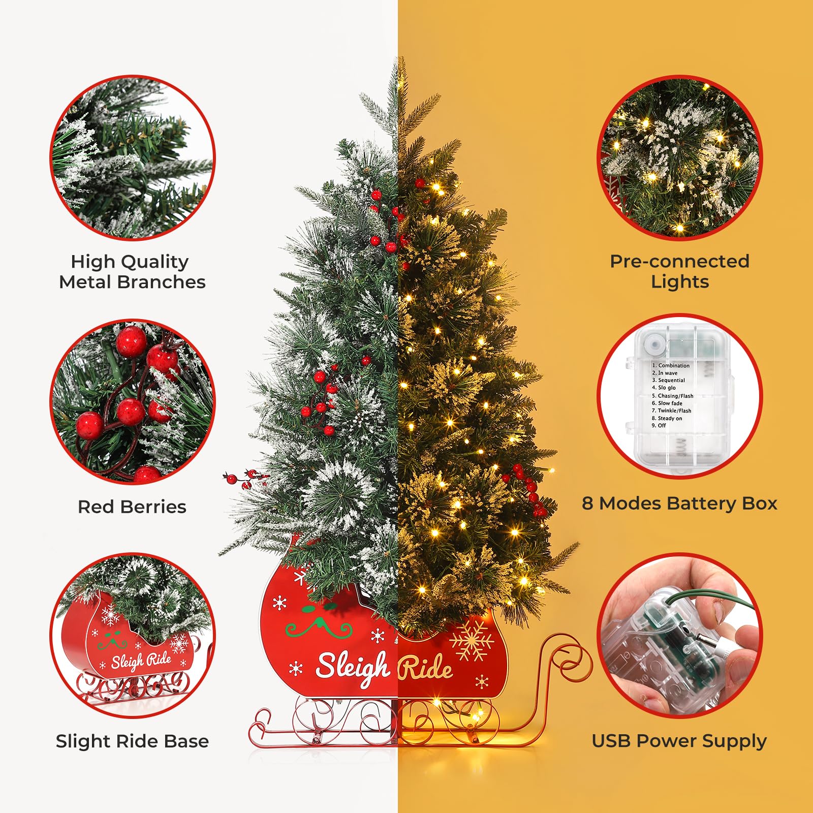 GAOMON Tabletop Christmas Tree 3ft Pre-Lit Christmas Tree with a Sleigh Ride Base Base, Small Christmas Tree with 78 Led Lights