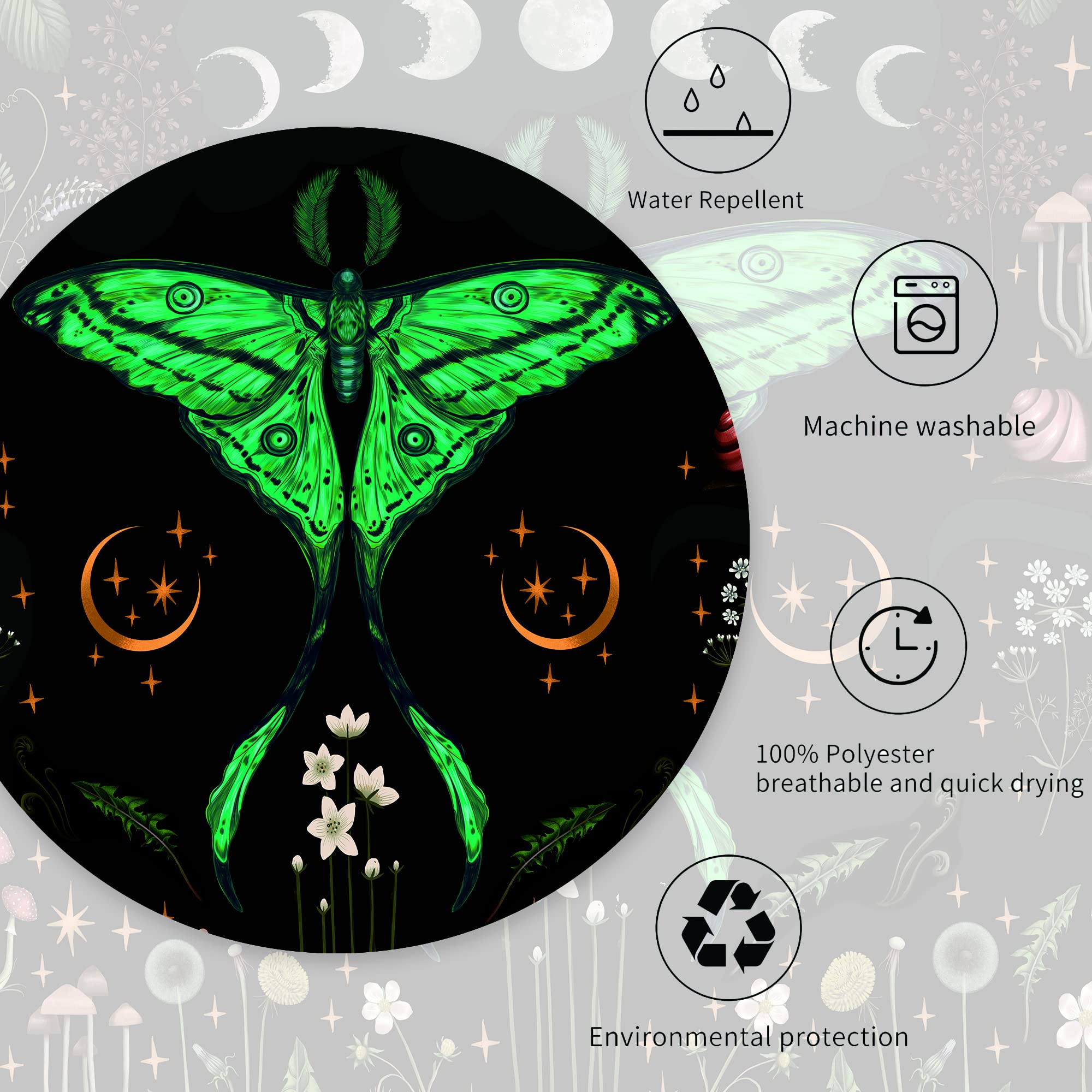 Miyotaa Moth Butterfly Shower Curtain Set 71Wx71H Inches Witchy Gothic Night Moonlit Moon Phase Floral Vintage Botanical Mushroo