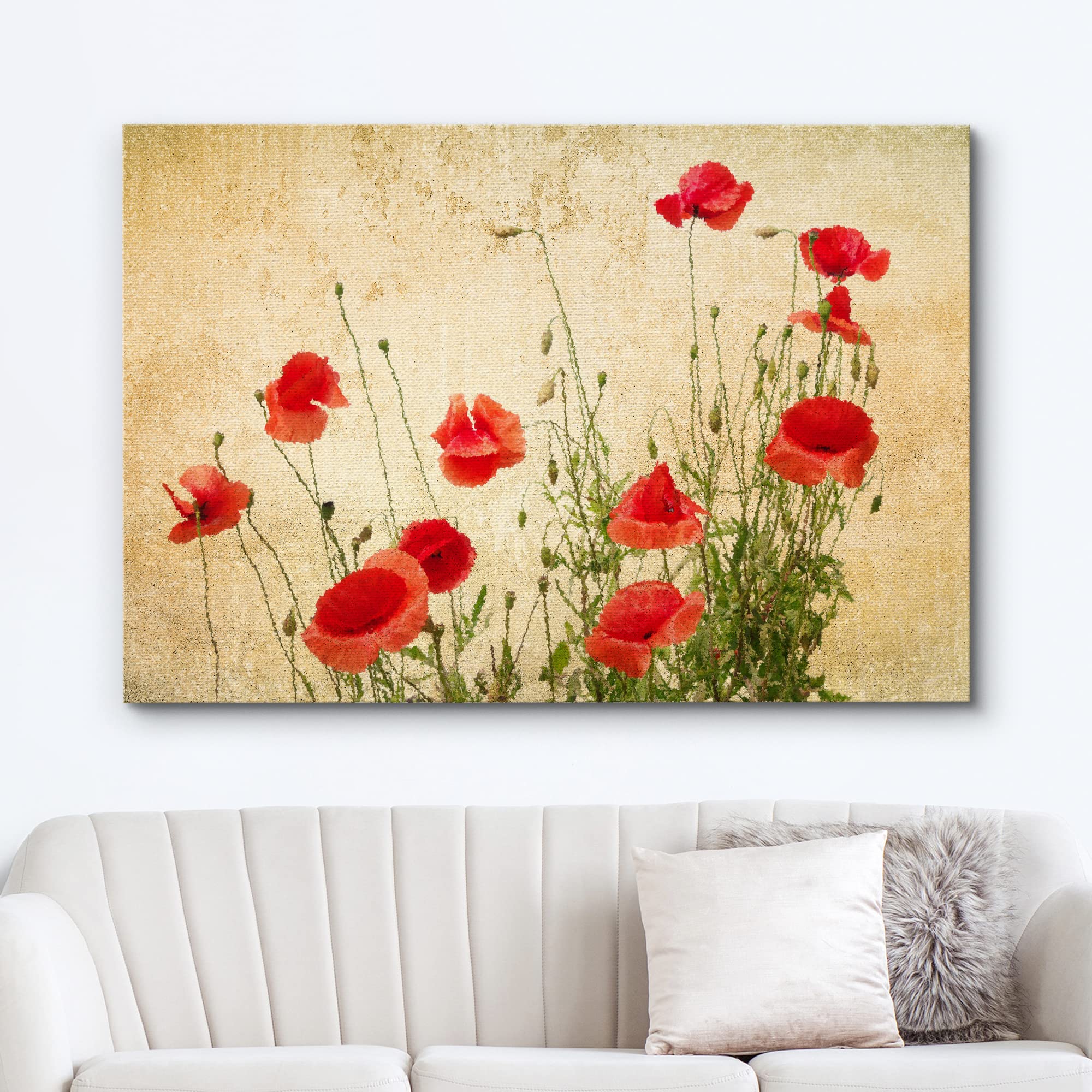 Wall26 - Canvas Wall Art - Red Poppy Flowers On Vintage Abstract Background - Gallery Wrap Modern Home Art | Ready To Hang - 16X