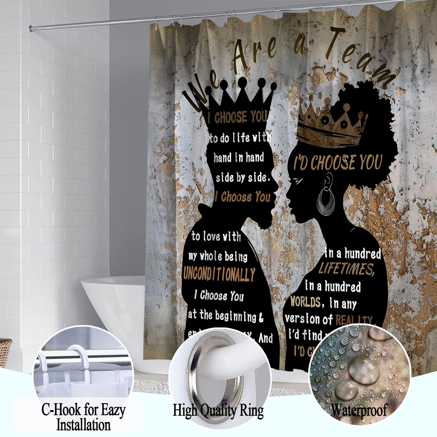 Omebero 4 Pcs Shower Curtain Set With Rugs Toilet Lid Cover Bath Mat, Romantic Black Man Women Couples Bathroom Sets With Shower