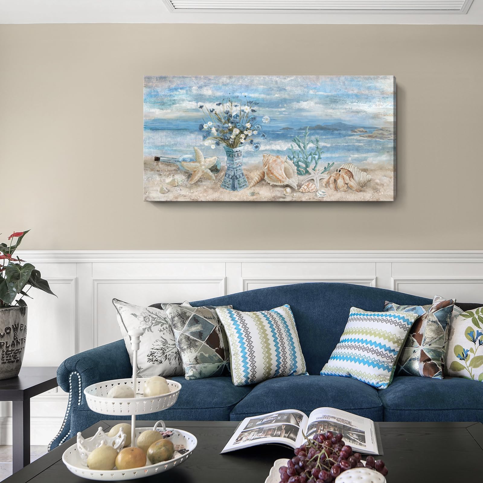 Large Canvas Wall Art For Living Room Seaside Painting Blue Sea View Ocean Theme Abstract Seascape Framed Artwork Coastal Beach