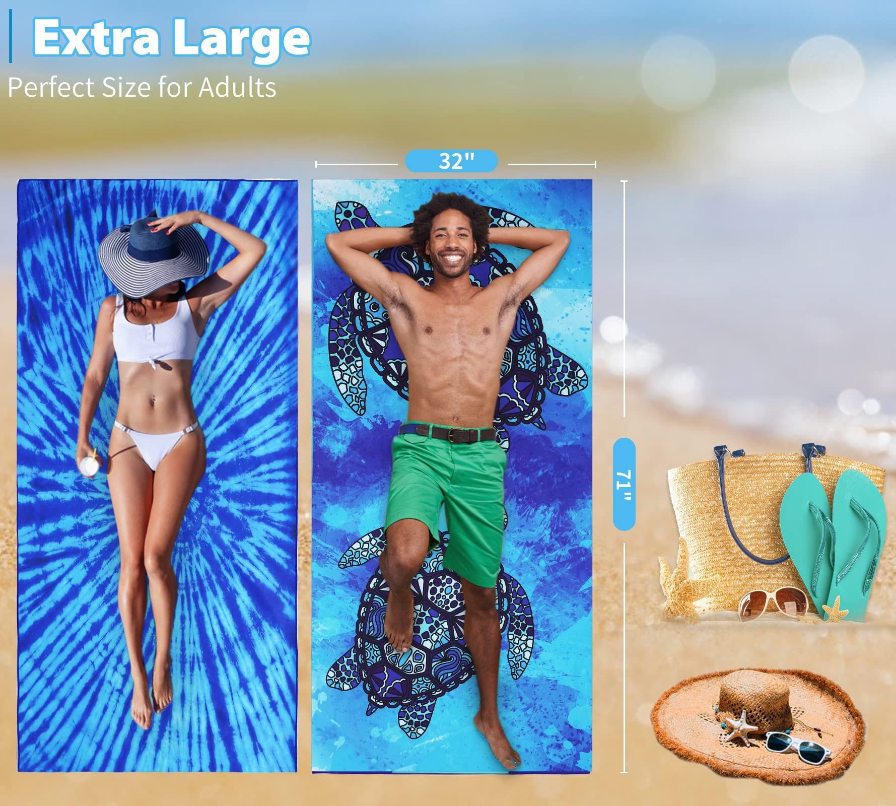 2 Pack Microfiber Thin Lightweight Beach Towel Oversized 71X32 Extra Large Sand Free Towels For Travel Swim Pool Yoga Gym Campin