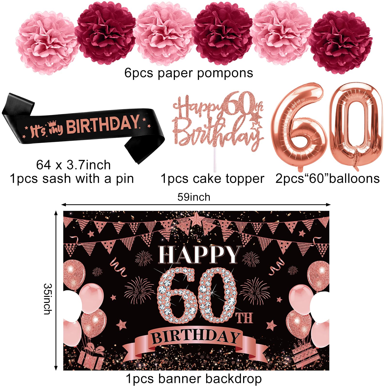 Eucutur 42Pcs 60Th Birthday Decoration Kit For Women, Rose Gold Happy 60Th Bday Banner Balloons Honeycomb Centerpiece Swirl Pape