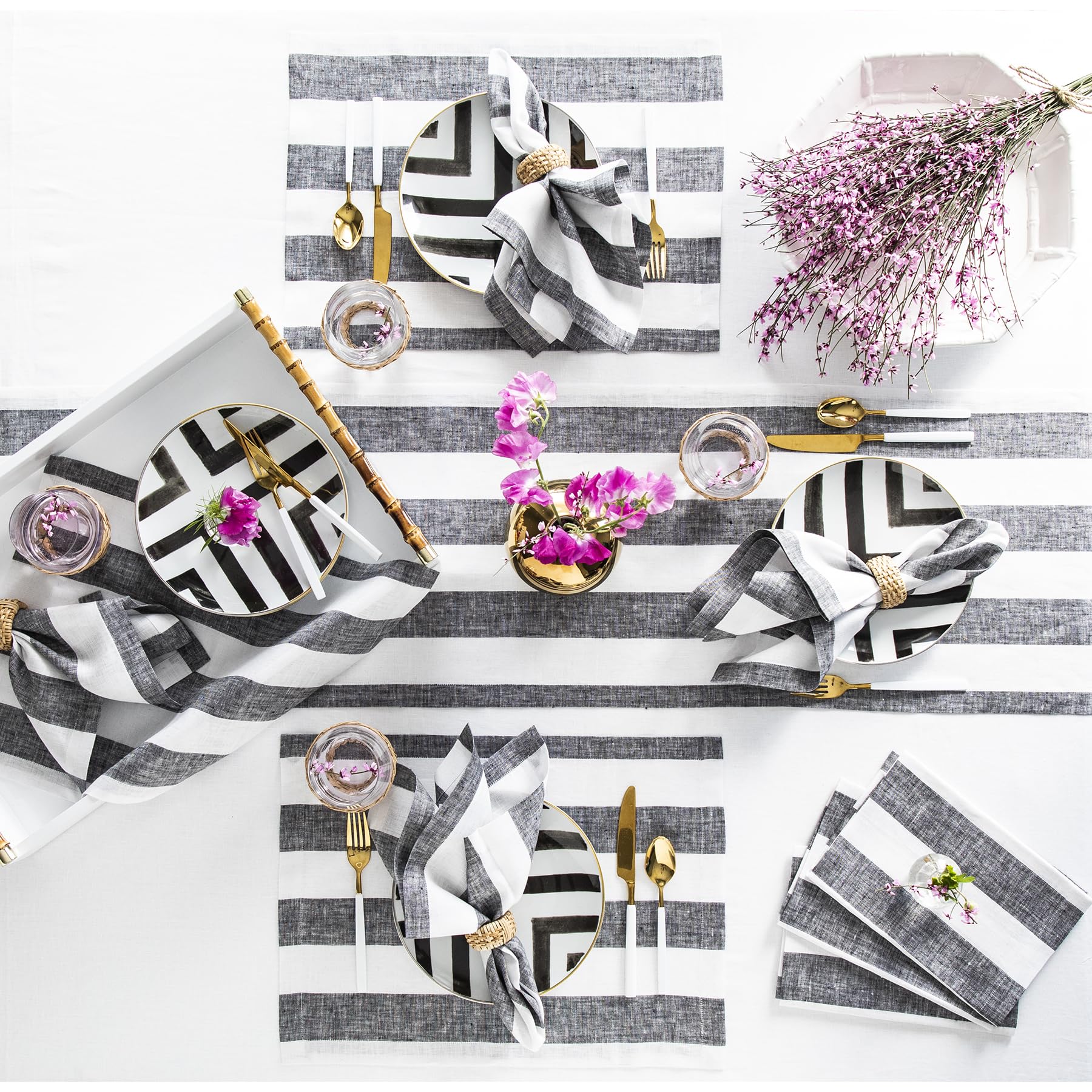 Solino Home Linen Stripe Table Runner 36 Inch - 100% Pure Linen Black And White Table Runner 14 X 36 Inch - Cabana Stripe Farmho