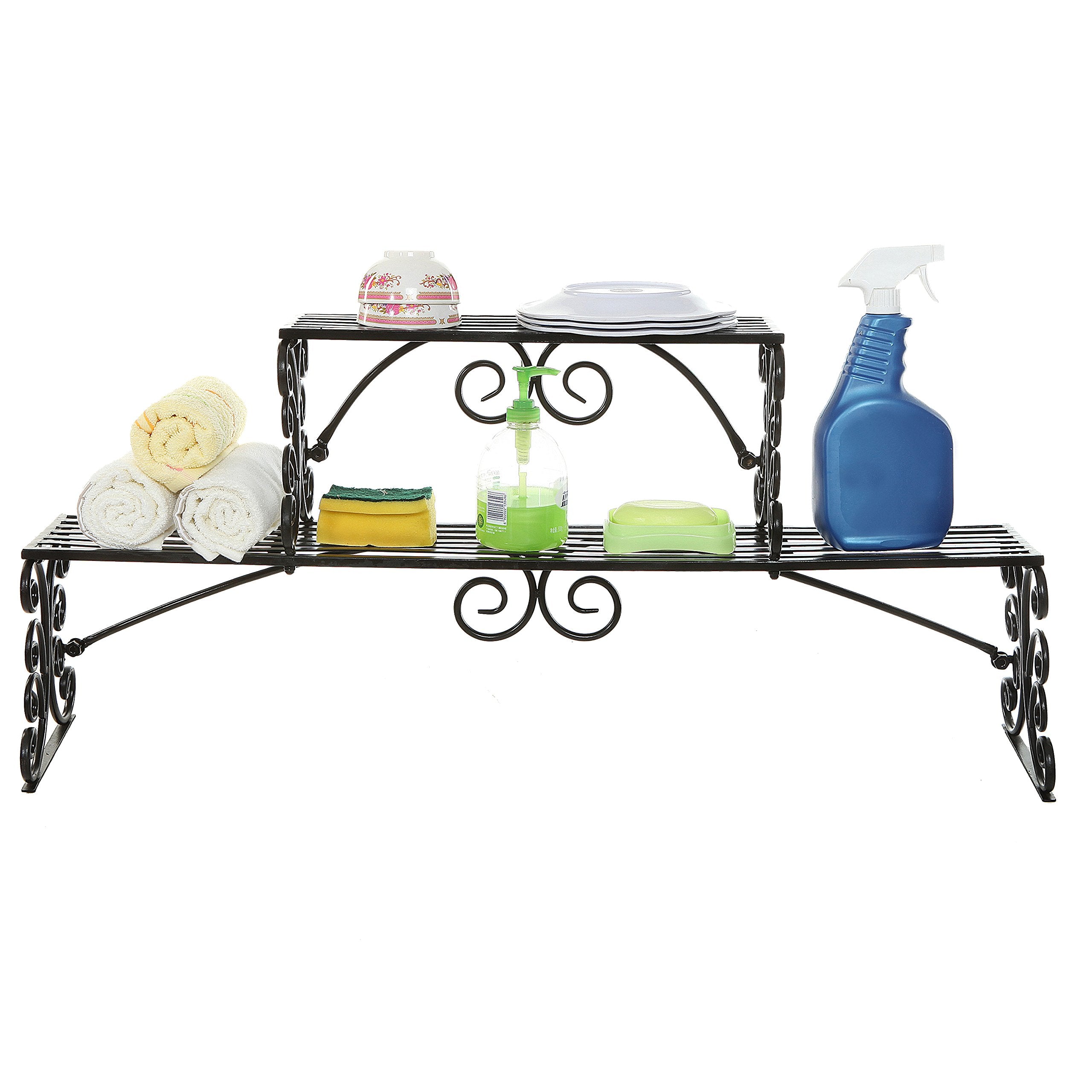 Mygift Black Metal Over The Sink Shelf With Scrollwork Design, 2 Tier Display Stand Organizer For Kitchen Accessories