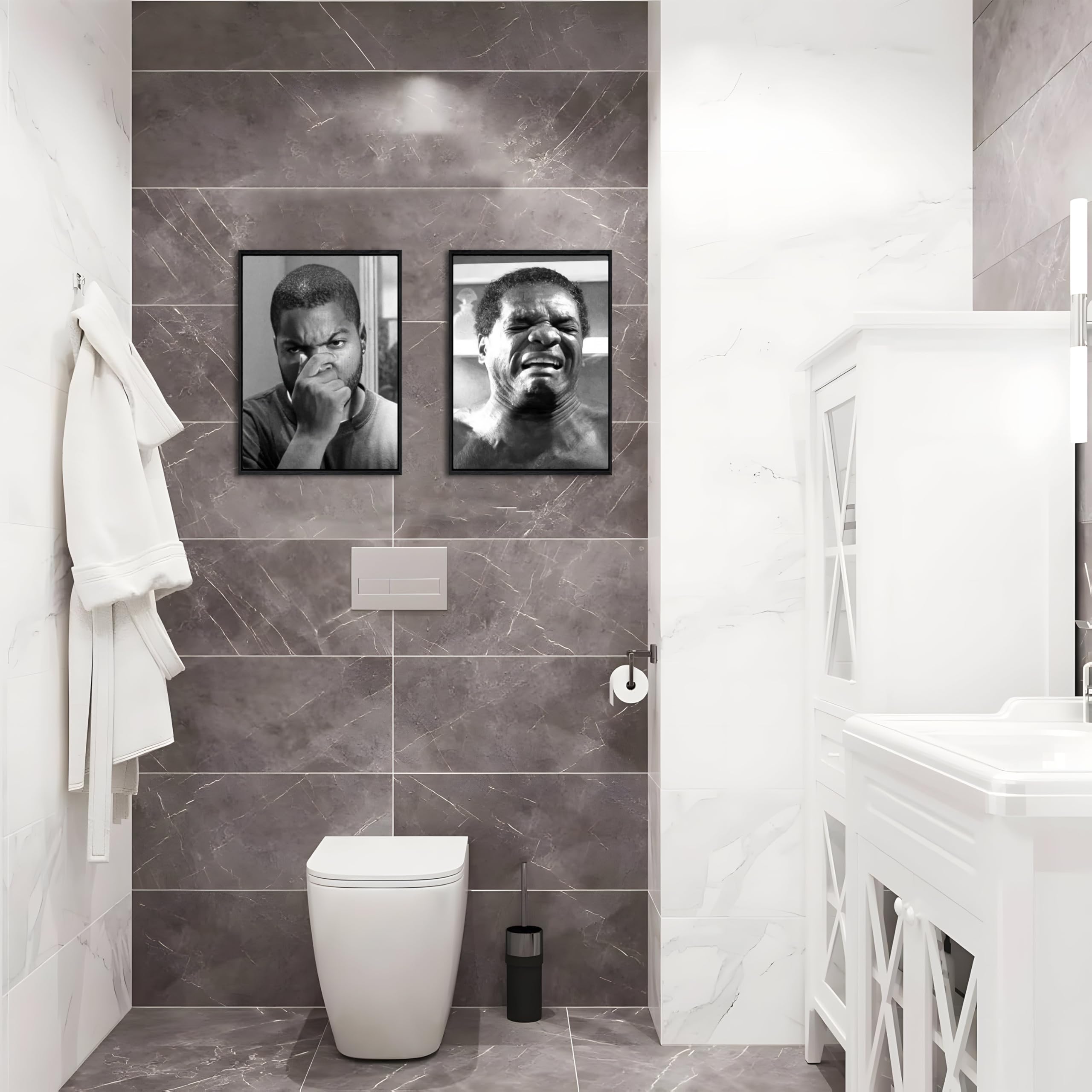 Funny Bathroom Canvas Wall Art Set Of 2 - Black Floating Frame Black And White Vintage Comedy Movies Posters, Funny Toilet Humou