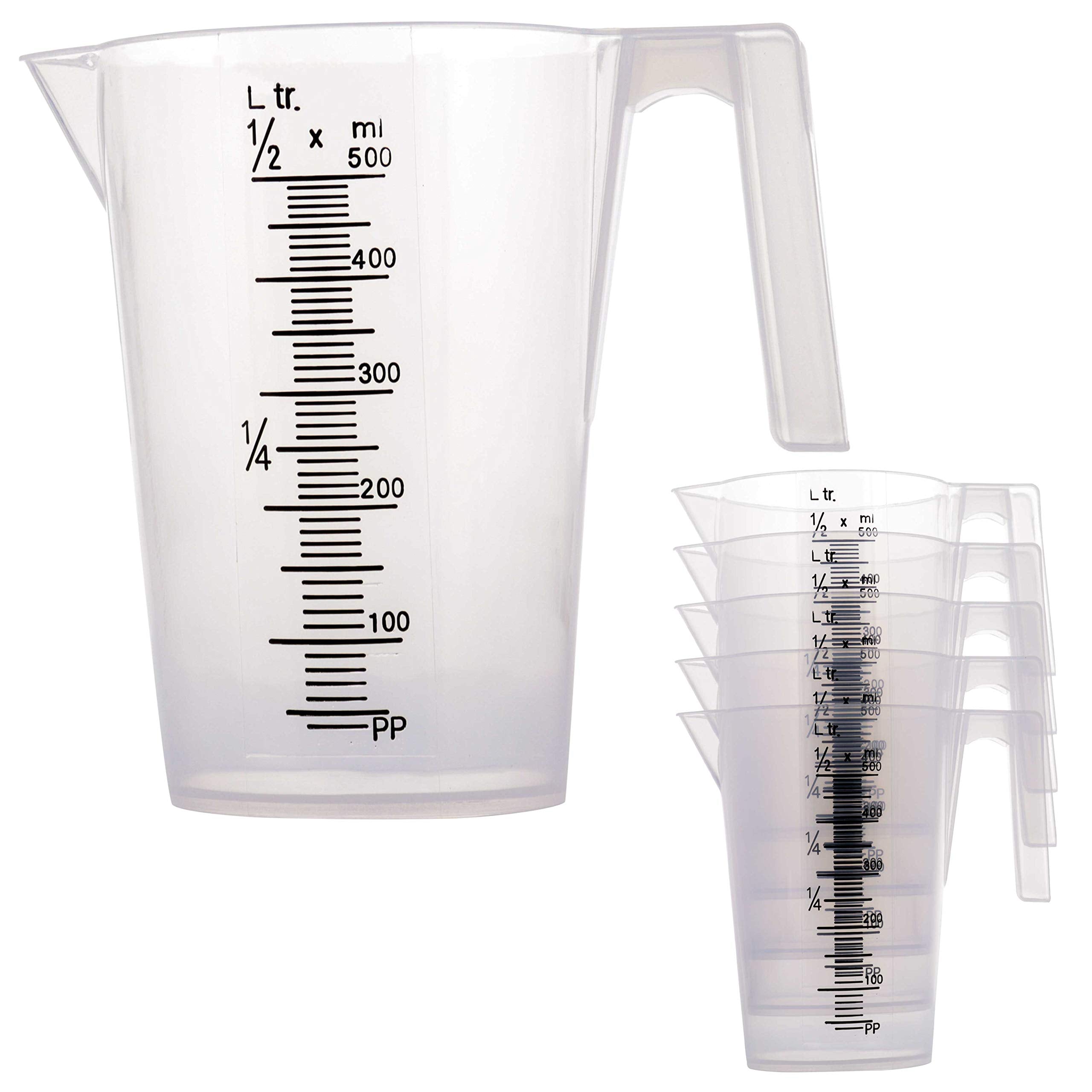 TCP Global 1/2 Liter (500ml) Plastic Graduated Measuring and Mixing Pitcher (Pack of 6) - Holds Over 1 Pint (16oz) - Pouring Cup