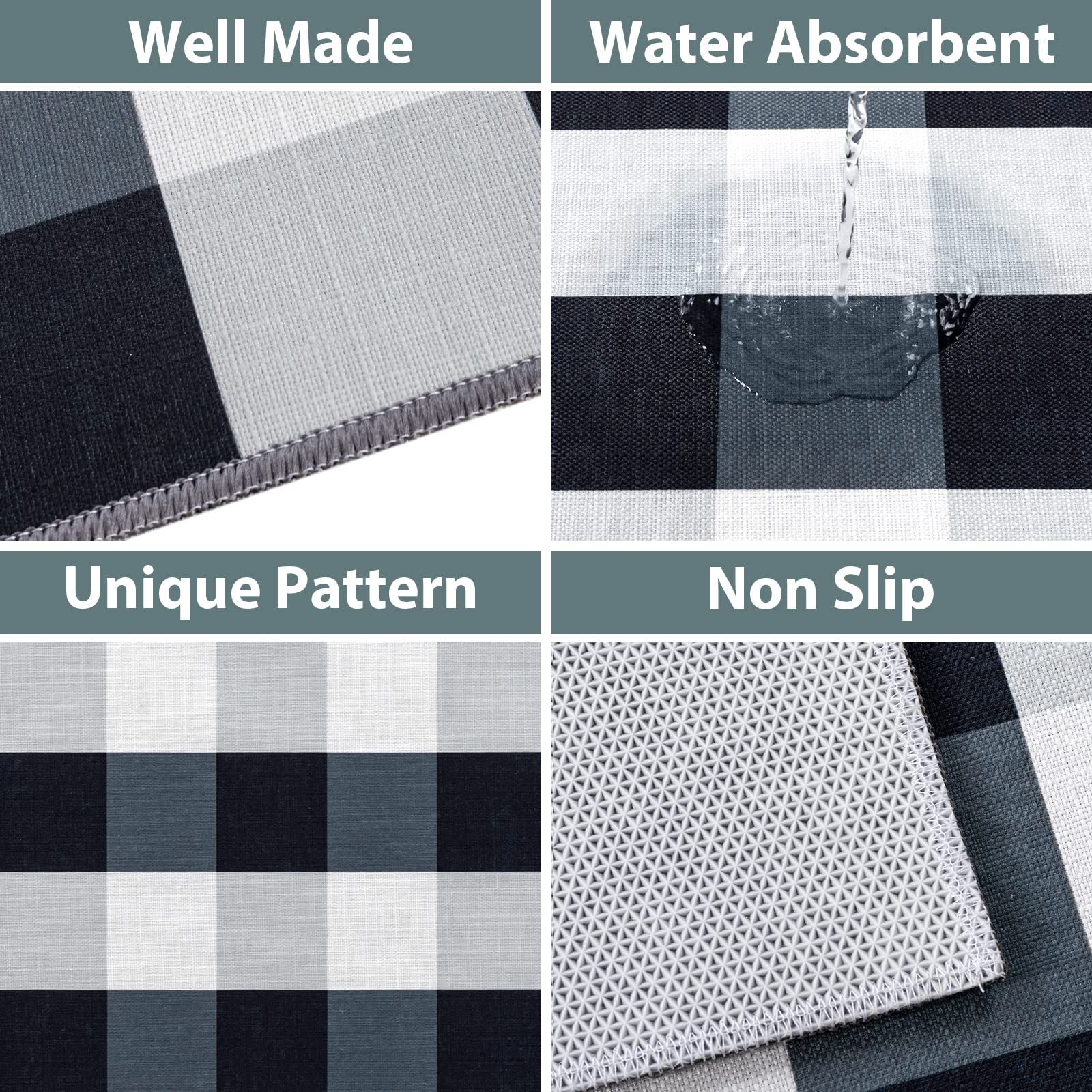 Carvapet 2 Piece Non-Slip Kitchen Rug Tpr Non-Skid Backing Mat For Doorway Bathroom Runner Rug Set, Buffalo Plaid Check Design (