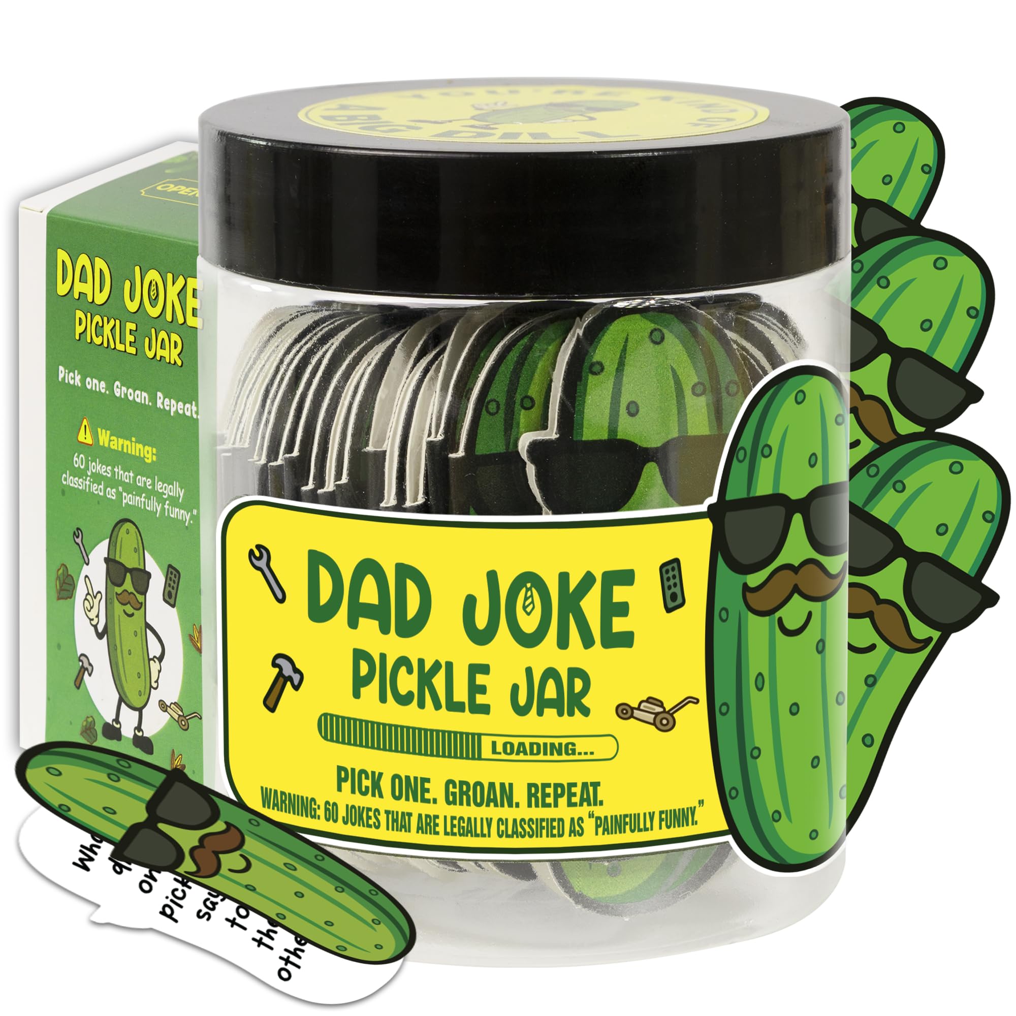 Pickle Dad Joke Jar - 60 Funny Dad Jokes Cards, Father Christmas Gifts, White Elephant Gifts for Adults, Funny Birthday Gift for