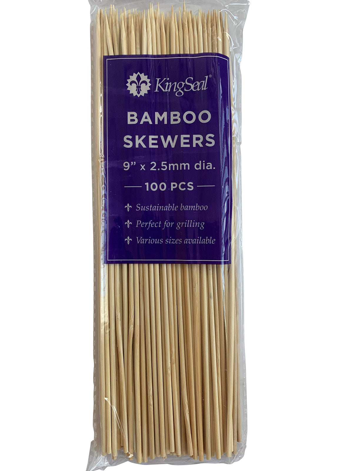 Kingseal Natural Bamboo Wood Grilling Skewers, 9 Inches X 2.5Mm Diameter, For Shish Kebabs, Bbq, And Fruit Arrangements, Bulk Pa
