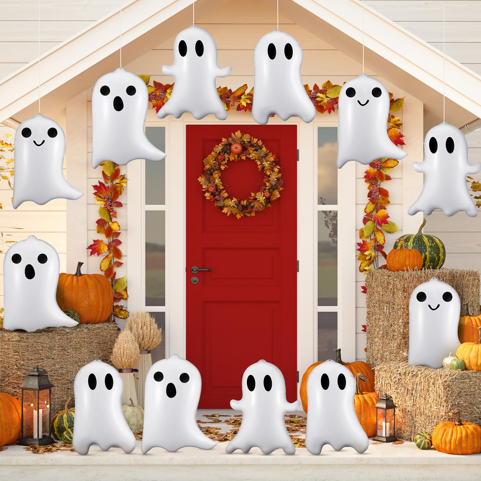 Leyndo 12 Pcs 17 Inch Halloween Inflatable Ghost Outdoor Decorations Large Inflatable Hanging Ornaments Blow up PVC Ghost for Ha