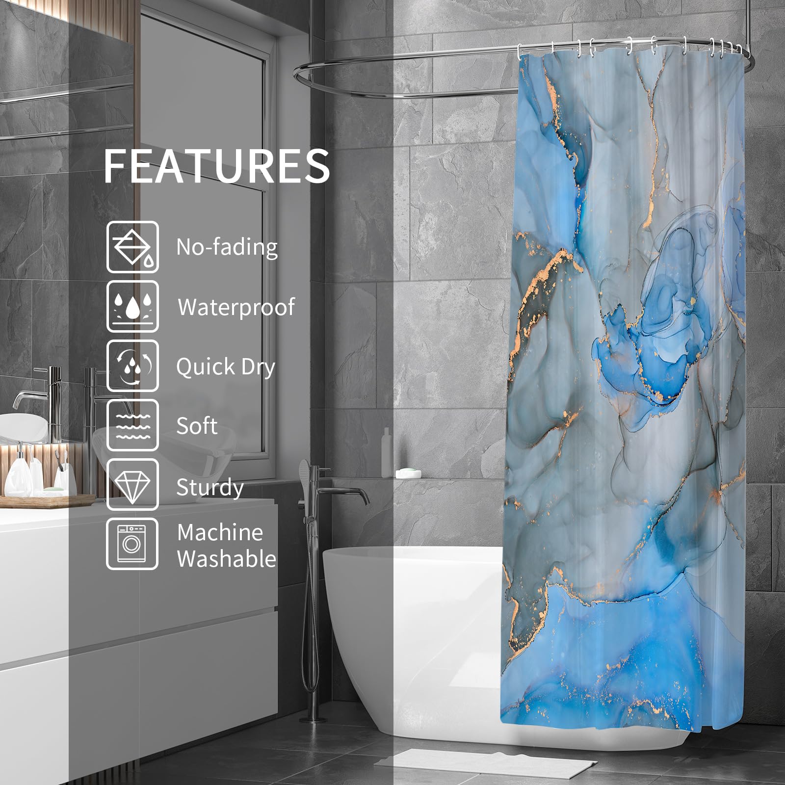 Gibelle Extra Long Shower Curtain 72 X 84, Tall Abstract Blue Grey Marble Shower Curtain, Modern Ink Art Waterproof Fabric Showe