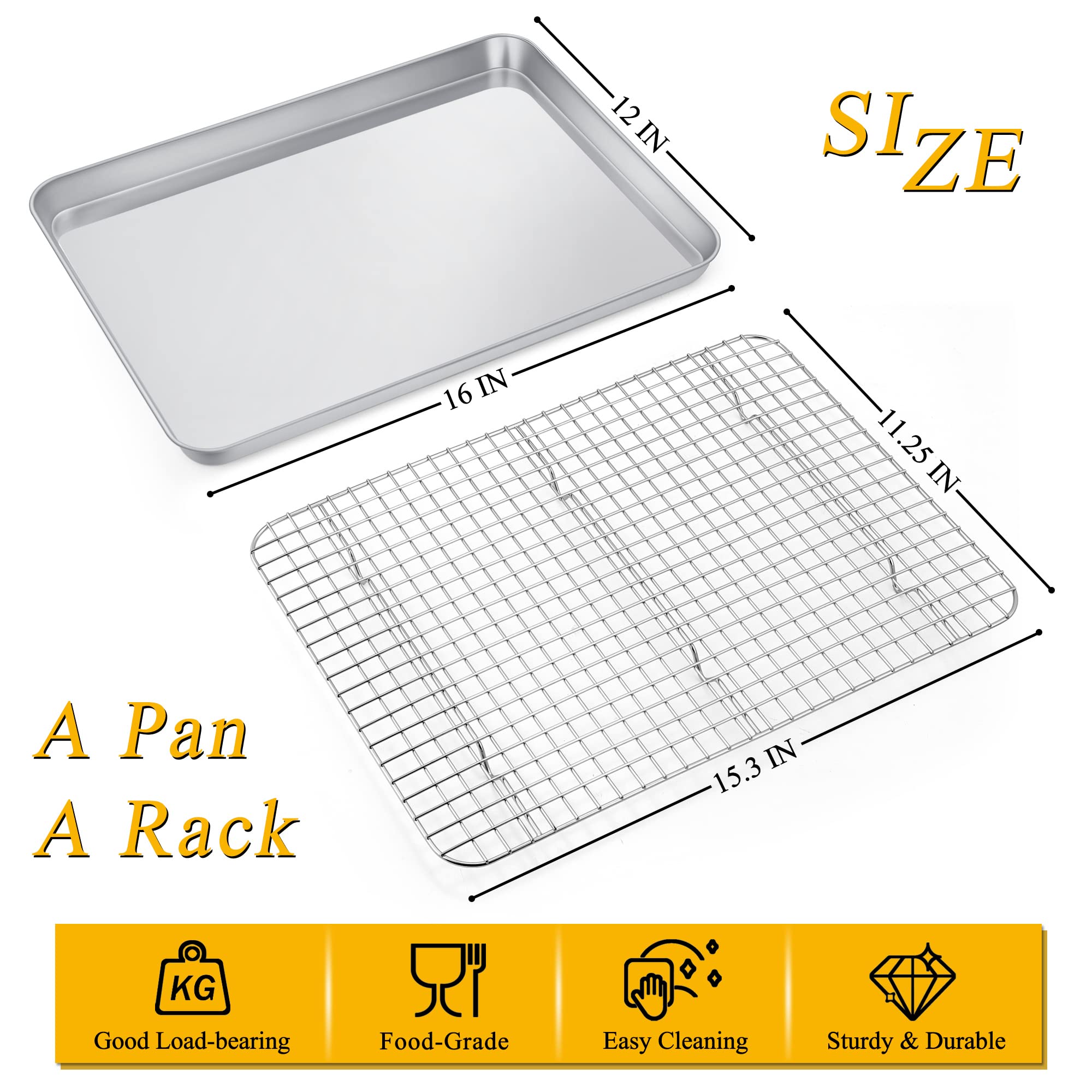16 Inch Baking Sheet And Rack Set, P&P Chef Stainless Steel Baking Cookie Sheet Pan With Grid Rack For Cooking/Roasting/Cooling,