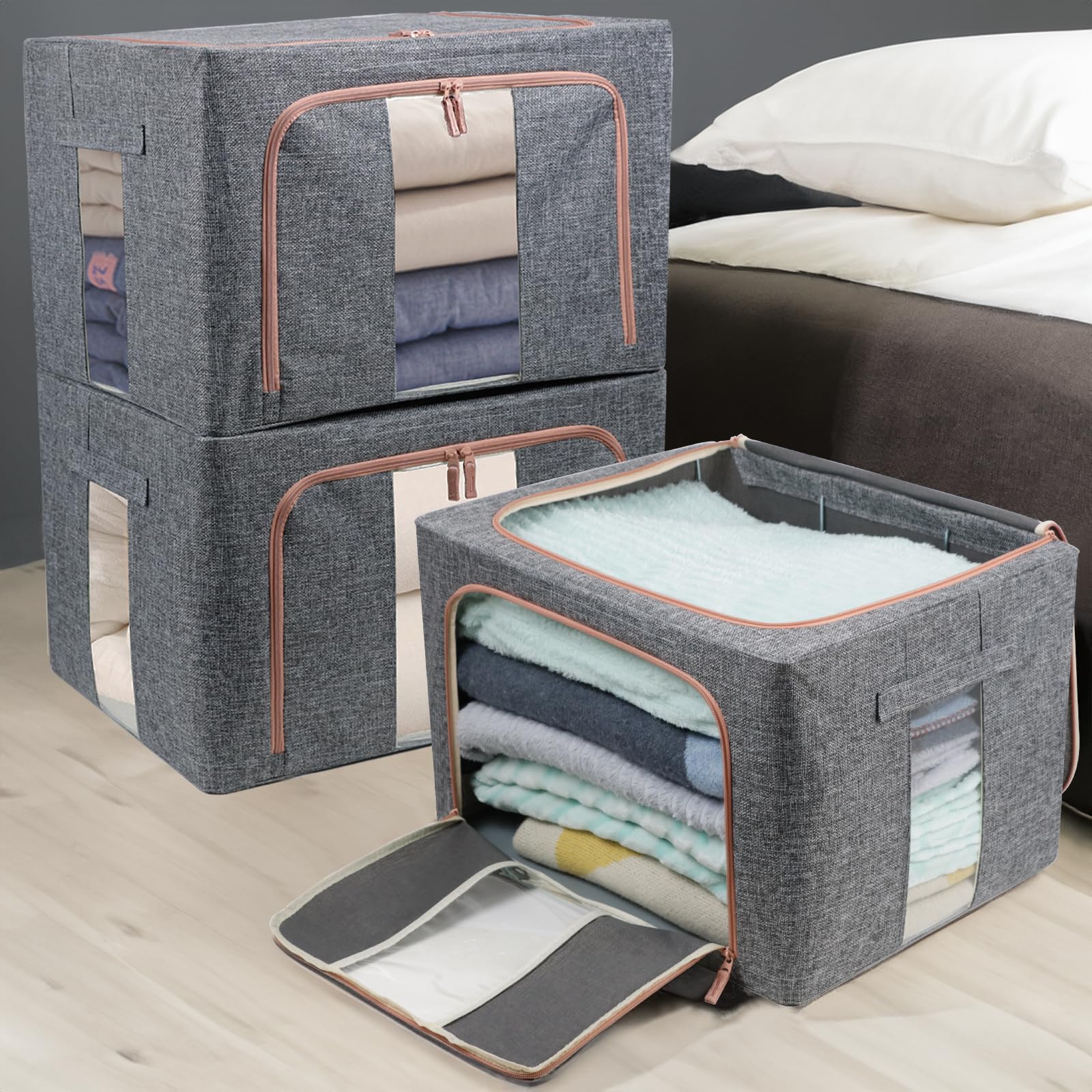 Linen Clothes Storage Bins, 4Pcs Sturdy Closet Organizers And Storage Bin With Metal Frame, 2 Opening Ways Fabric Visible Lidded