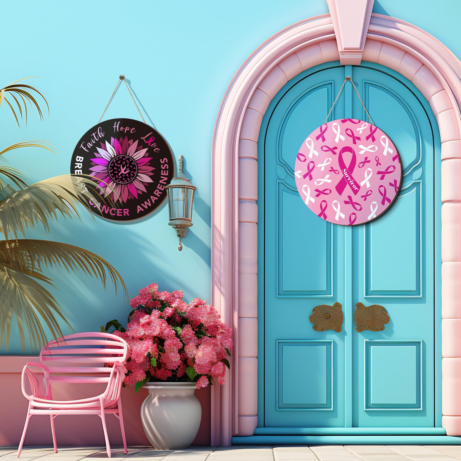 3 Pcs Breast Cancer Awareness Decoration Pink Ribbon Front Door Decor Signs Faith Hope Love Wooden Wreath Breast Cancer Awarenes