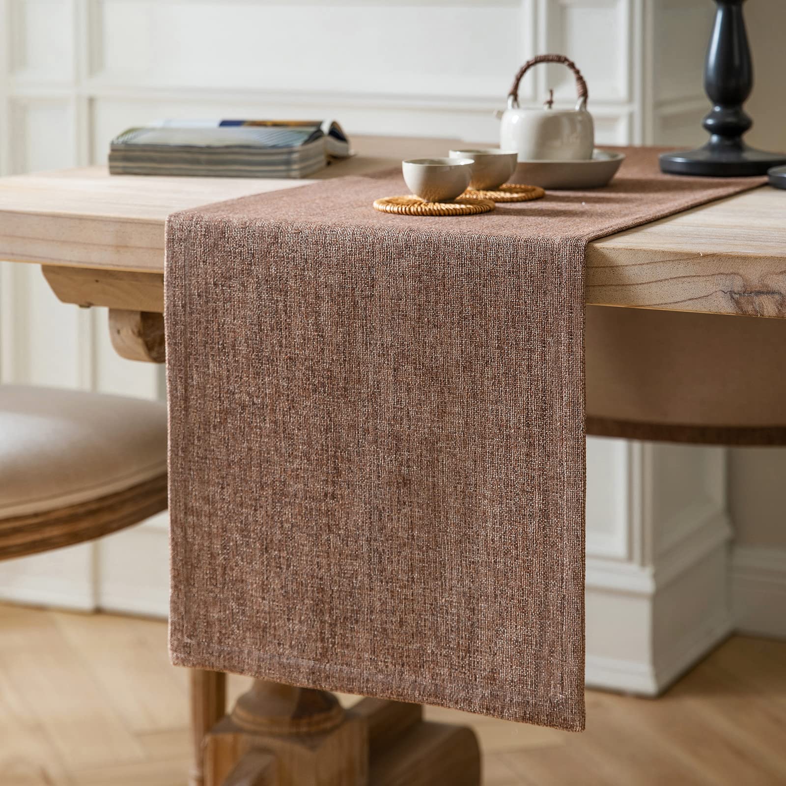 Zeemart Burlap Style Farmhouse Table Runners 108 Inches Long, Brown Rustic Woven Coffee Table Runner For Everyday Use, 14X108 In