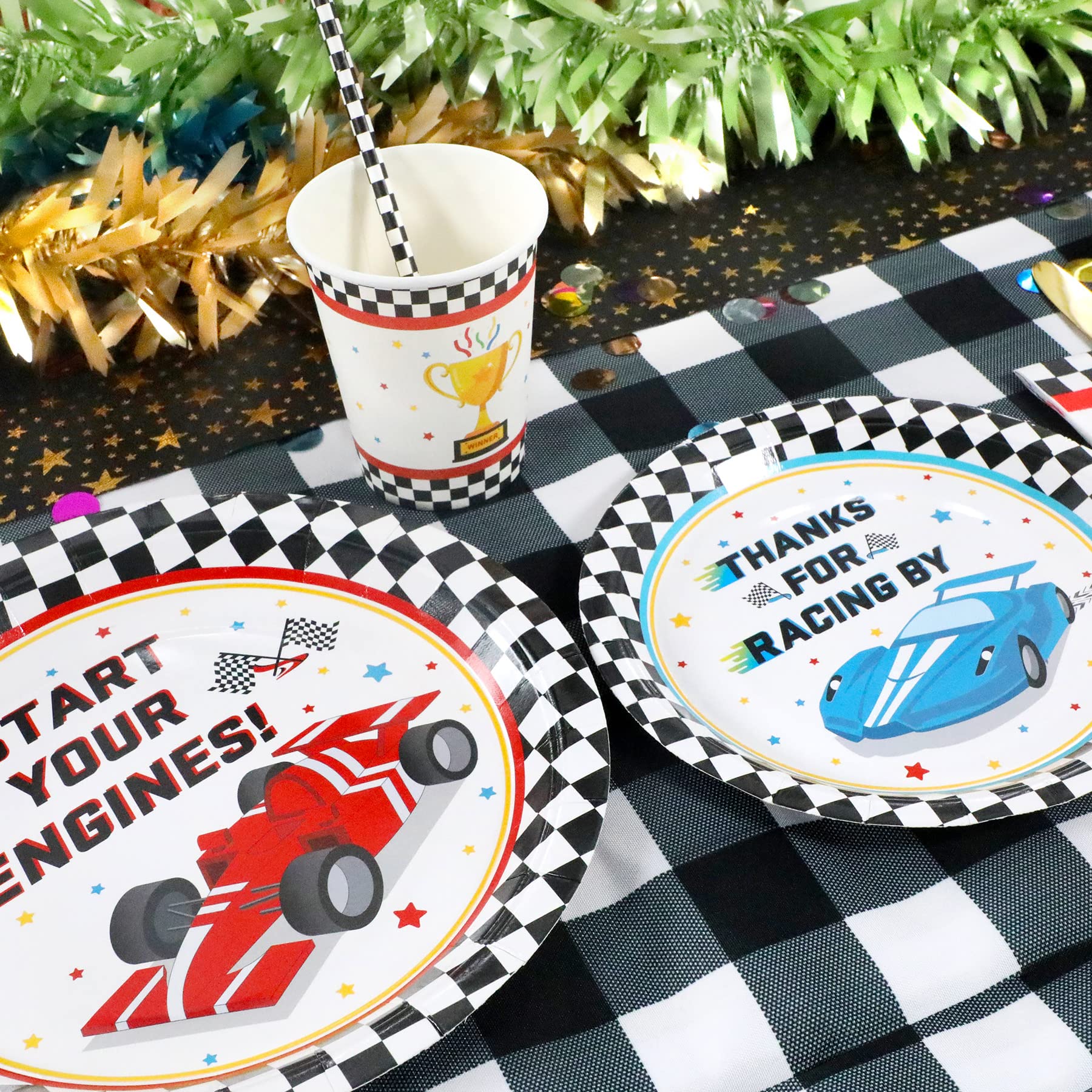 Racing Car Party Supplies Decorations, Checked Race Car Theme Birthday Paper Plates And Napkins Set With Cups And Straws For 24