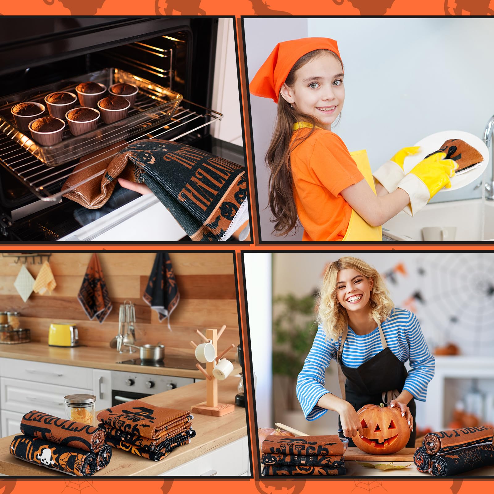 Ganeen 6 Pcs Halloween Kitchen Towels Dwarfs Cobwebs Witches Castles Dish Fiber Fingertip Hand Tea Towels 14.2 x 21.3 Inch for S