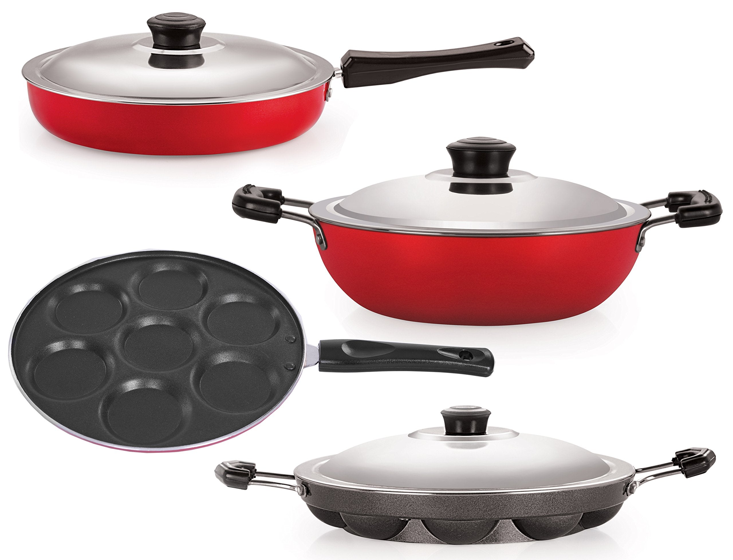 Nirlon Non Stick 4 Piece Combo Cookware Essential Set Aluminium Red & Black