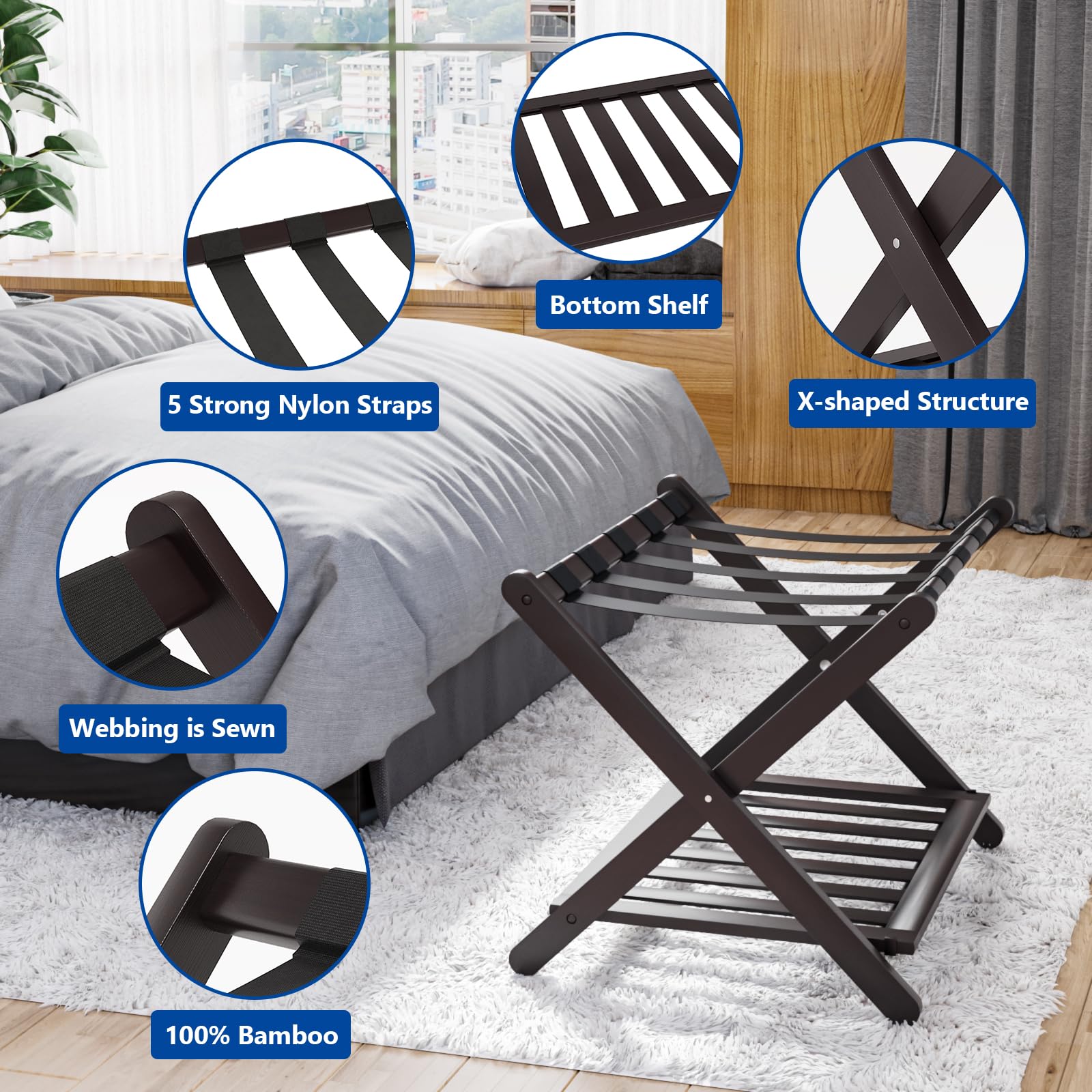 Smuxee Fully Assembled Brown Luggage Rack, Upgraded Bamboo Foldable Suitcase Stand With 5 Nylon Straps, Luggage Holder With Shel