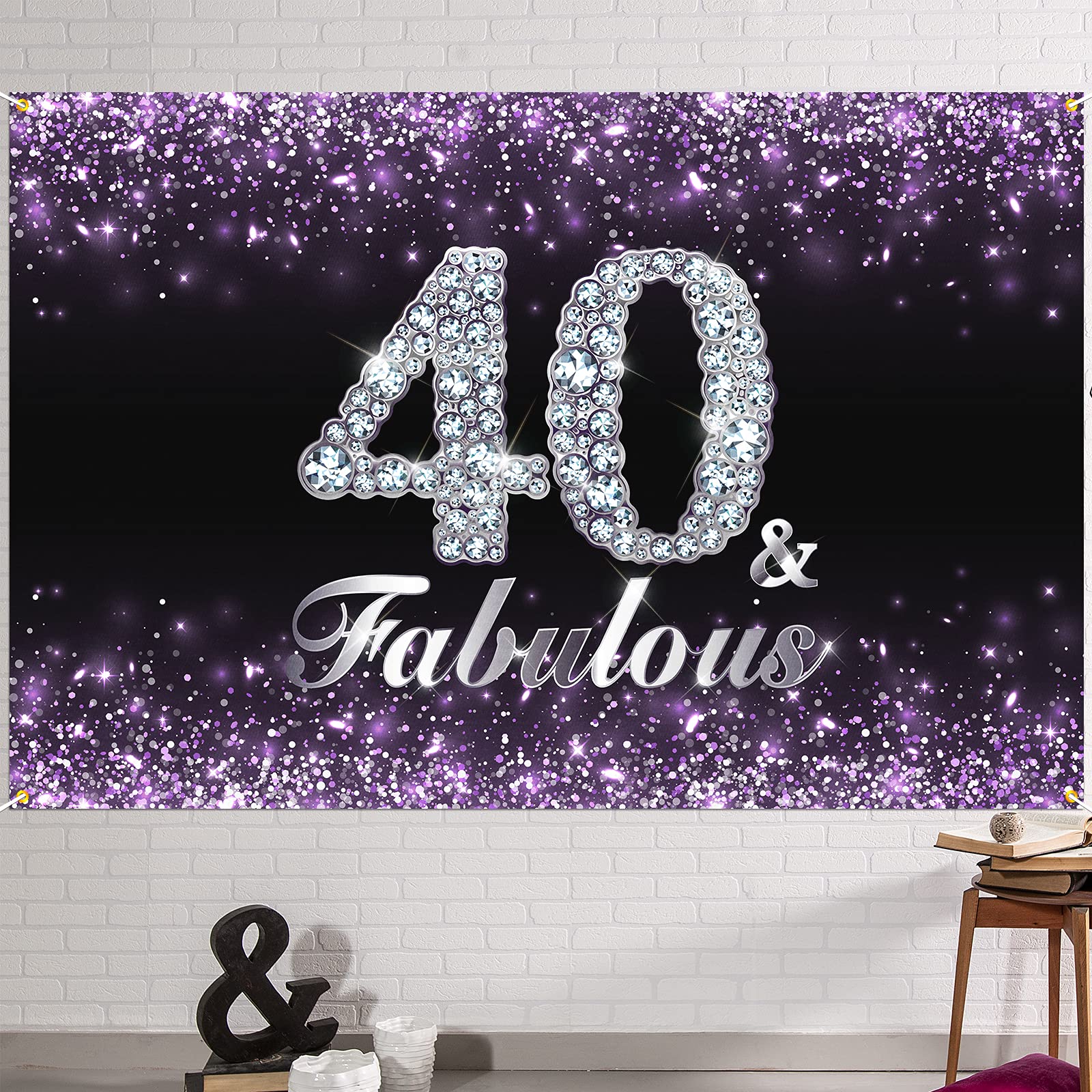 Hamigar 6X4Ft Happy 40Th Birthday Banner Backdrop - 40 & Fabulous Birthday Decorations Party Supplies For Women - Purple