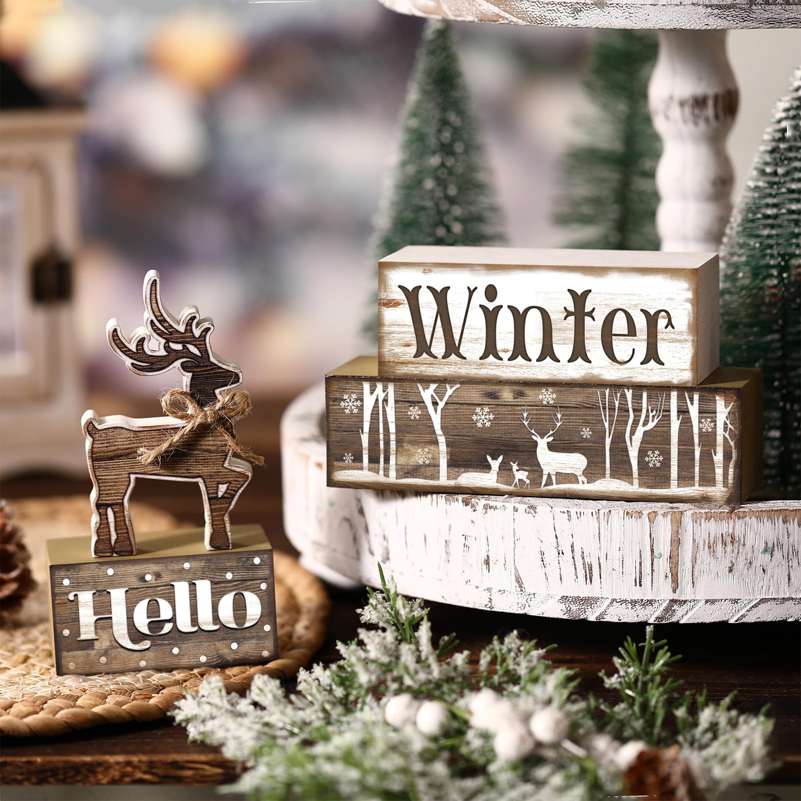 Moucuny 4 Pcs Hello Winter Table Decor Winter Tiered Tray Decor Elk Wooden Decorative Signage Centerpieces Farmhouse Wooden Bloc