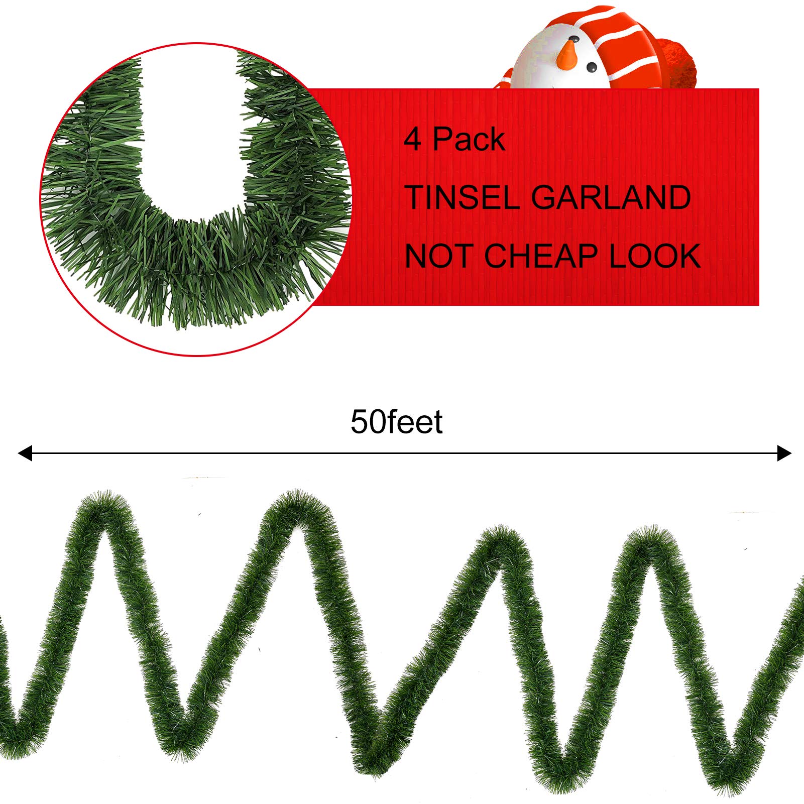 4 Pack 50 Foot Soft Christmas Garland, Non-lit Christmas Garland Ideal for Indoor and Outdoor Decor, Green Tinsel Garland for Ho