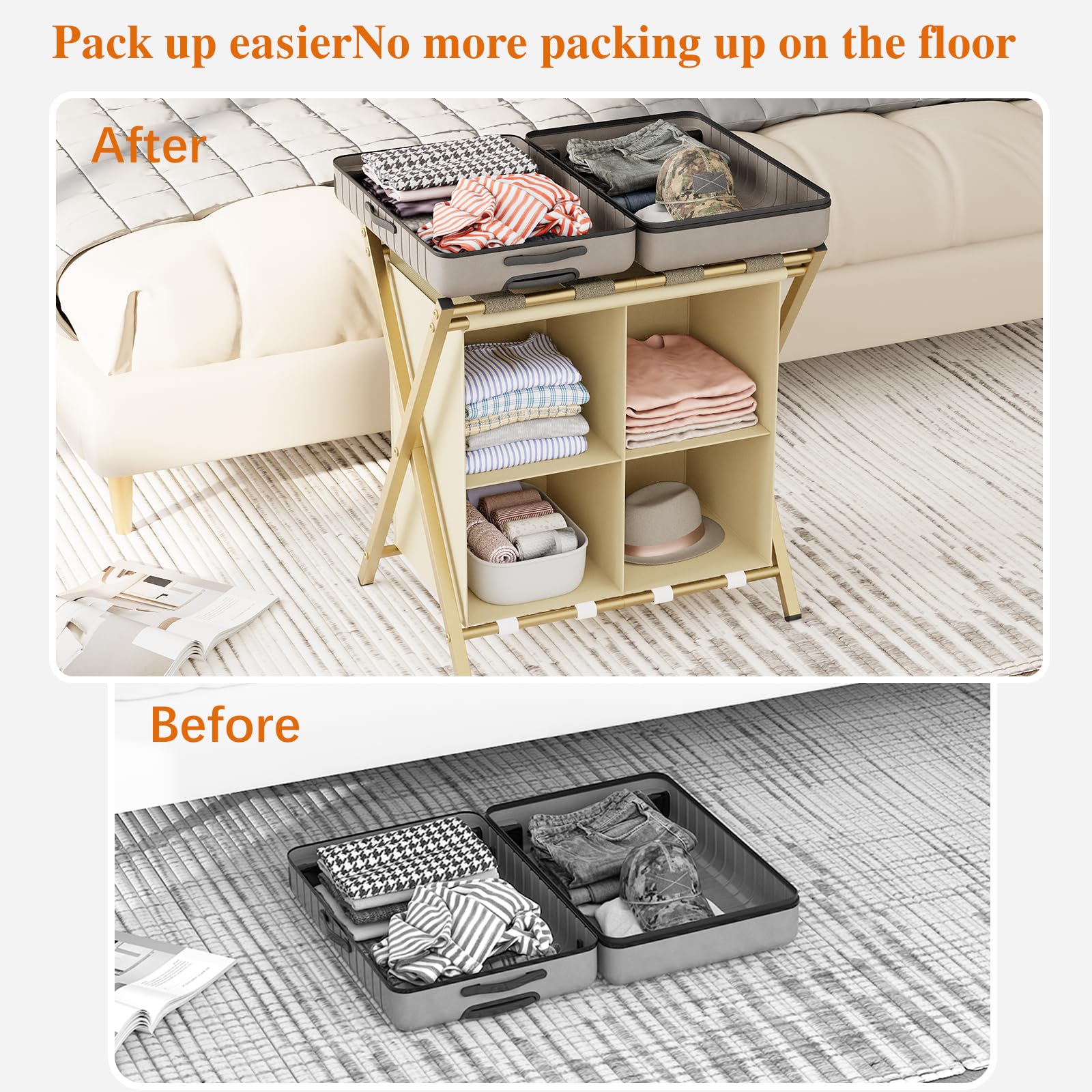 Aboxoo 2 Pack Luggage Rack With Storage, Guest Room Folding Suitcase Stands, Holds Up To 120 Lb, Space Saving Suitcase Holders F