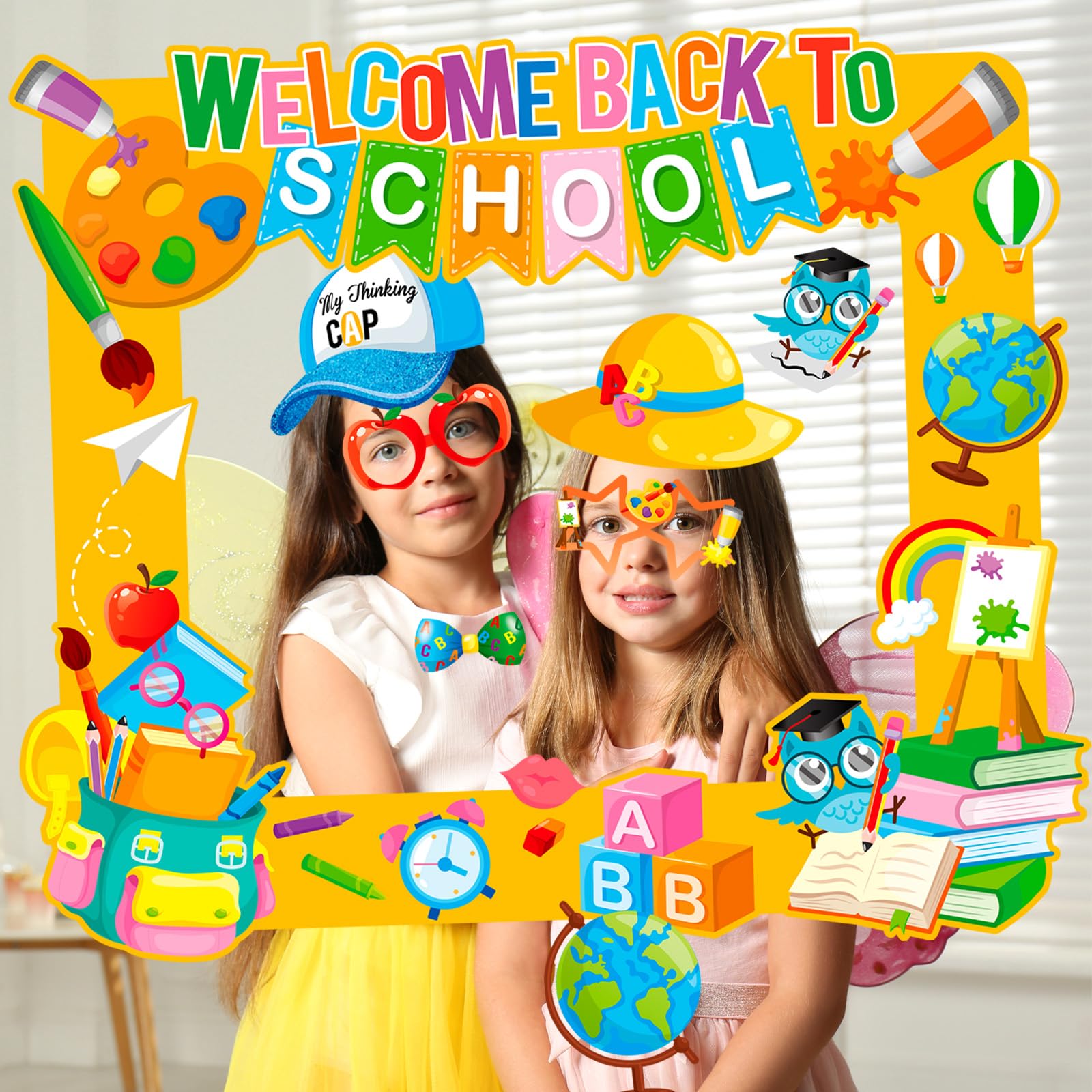 Howaf Back To School Photo Booth Props Kit, 1 Welcome Back School Photo Booth Frame 25Pcs First Day Of School Selfie Props Kit,