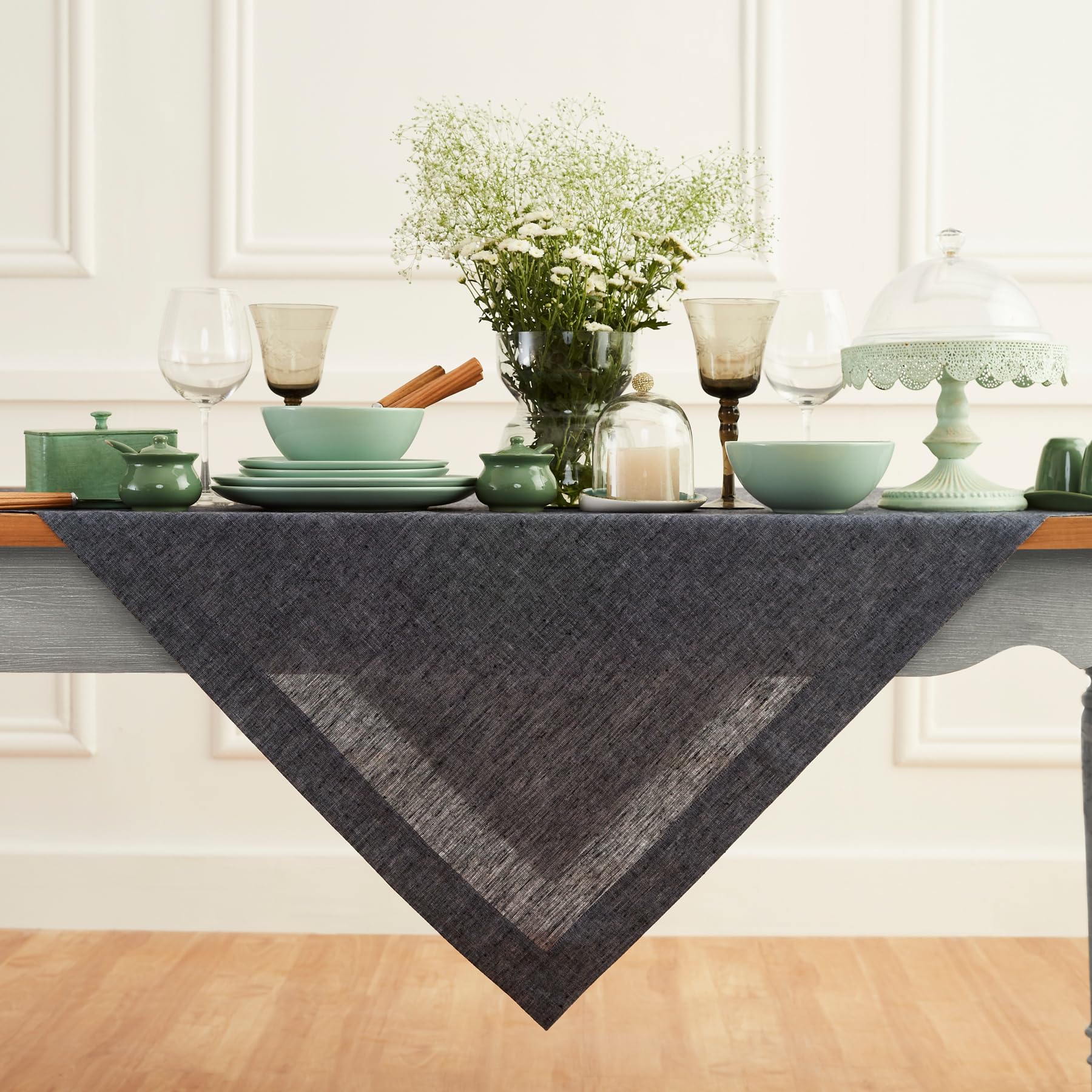 Solino Home Linen Tablecloth 52 X 52 Inch - 100% Pure Linen Charcoal Grey Tablecloth - Machine Washable Square Table Throw For F