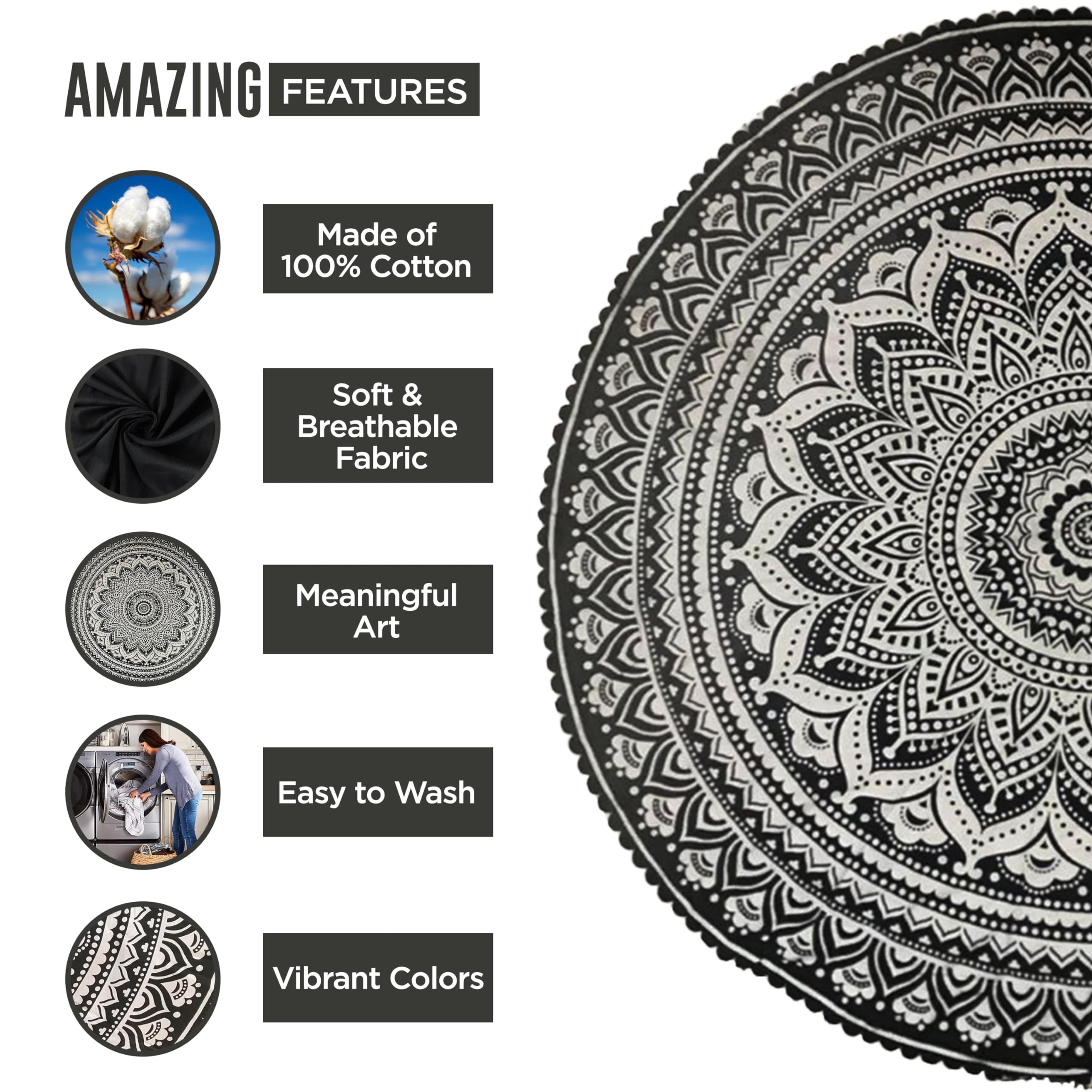 Raajsee Grey Black Round Beach Tapestry Hippie/Boho Beach Blanket Mandala Roundie/Indian Cotton Throw - Round Tablecloth/Home De