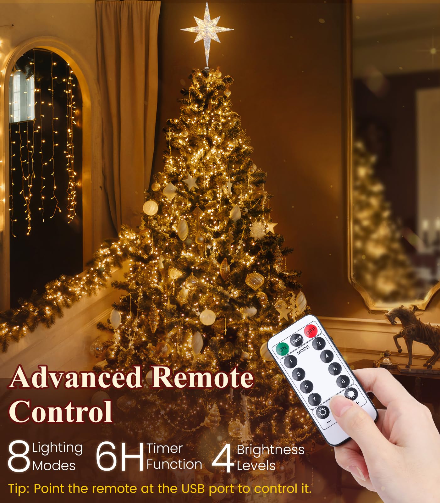 Luxspire Christmas Tree Topper, Lighted Star Tree Topper with USB Plug-in & Remote Control, 10 LED Christmas Decorations Light,