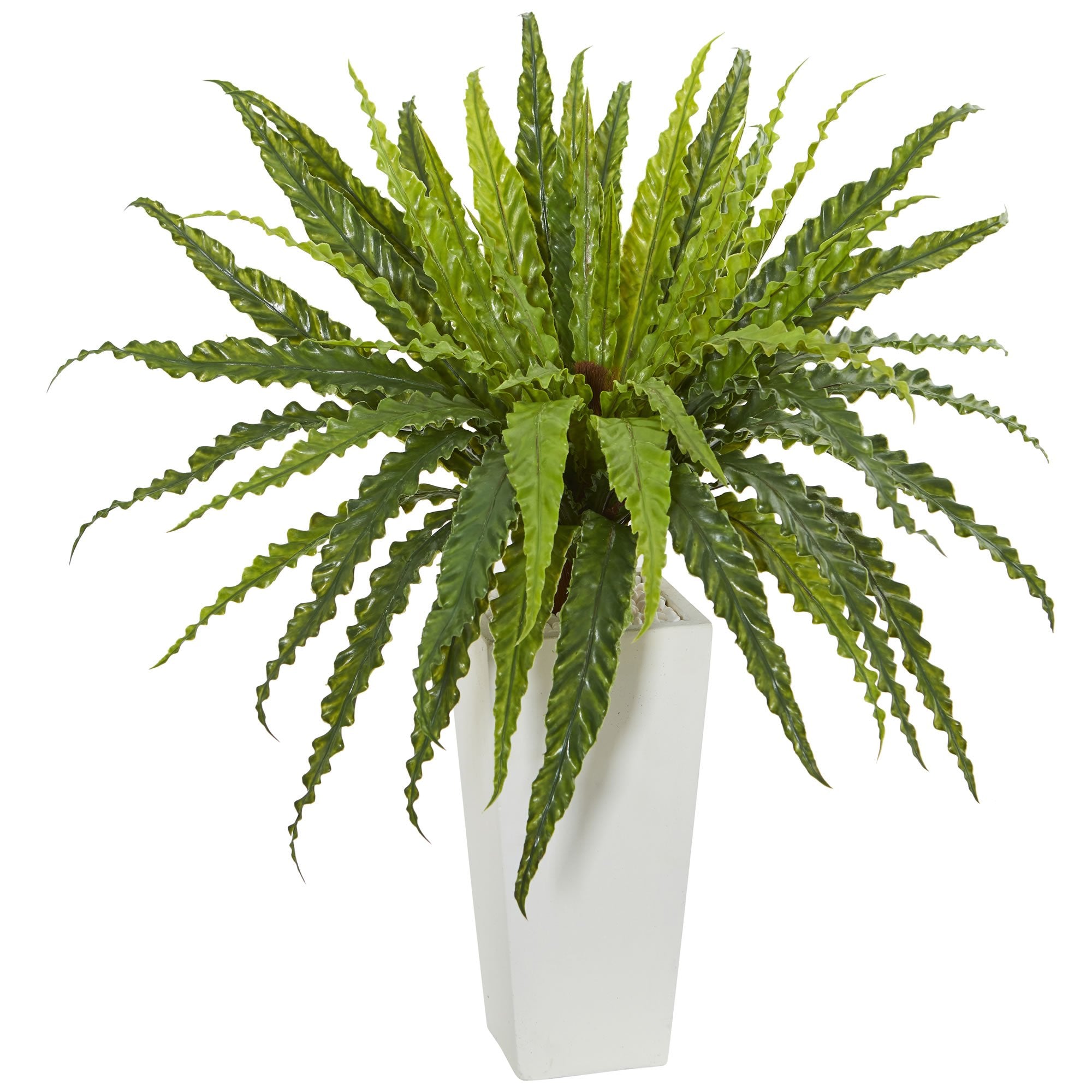 Nearly Natural Artificial Rippled Birdsnest Plant on White Tower Planter, Green